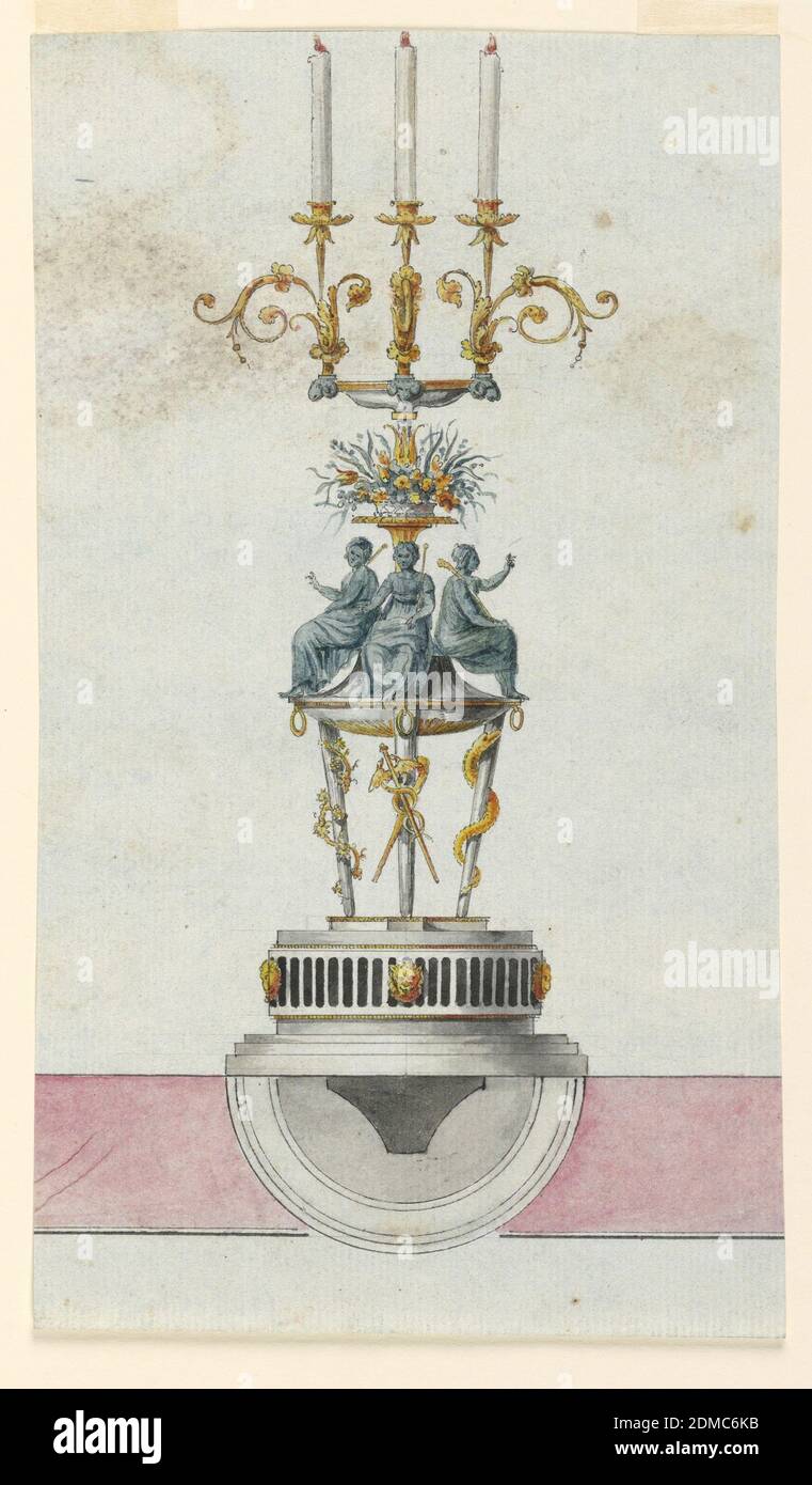 Design pour un Candlestick, Luigi Righetti, Italien, 1780 - 1819, stylo et encre, pinceau et sépia wash, aquarelle, graphite sur papier bleu clair, rectangle vertical. Conception d'un chandelier destiné à être exécuté en bronze doré et vert et en marbre blanc. Sur une base demi-circulaire avec une bande à cannelures noires, décorée de trois masques de lion d'or, se tient un trépied. Environ deux des jambes sont enroulées respectivement une vigne et un serpent--autour de la troisième jambe à l'avant est un caduceus croisé et un club. Au bord du trépied se trouvent trois figures femelles d'allégories. Banque D'Images