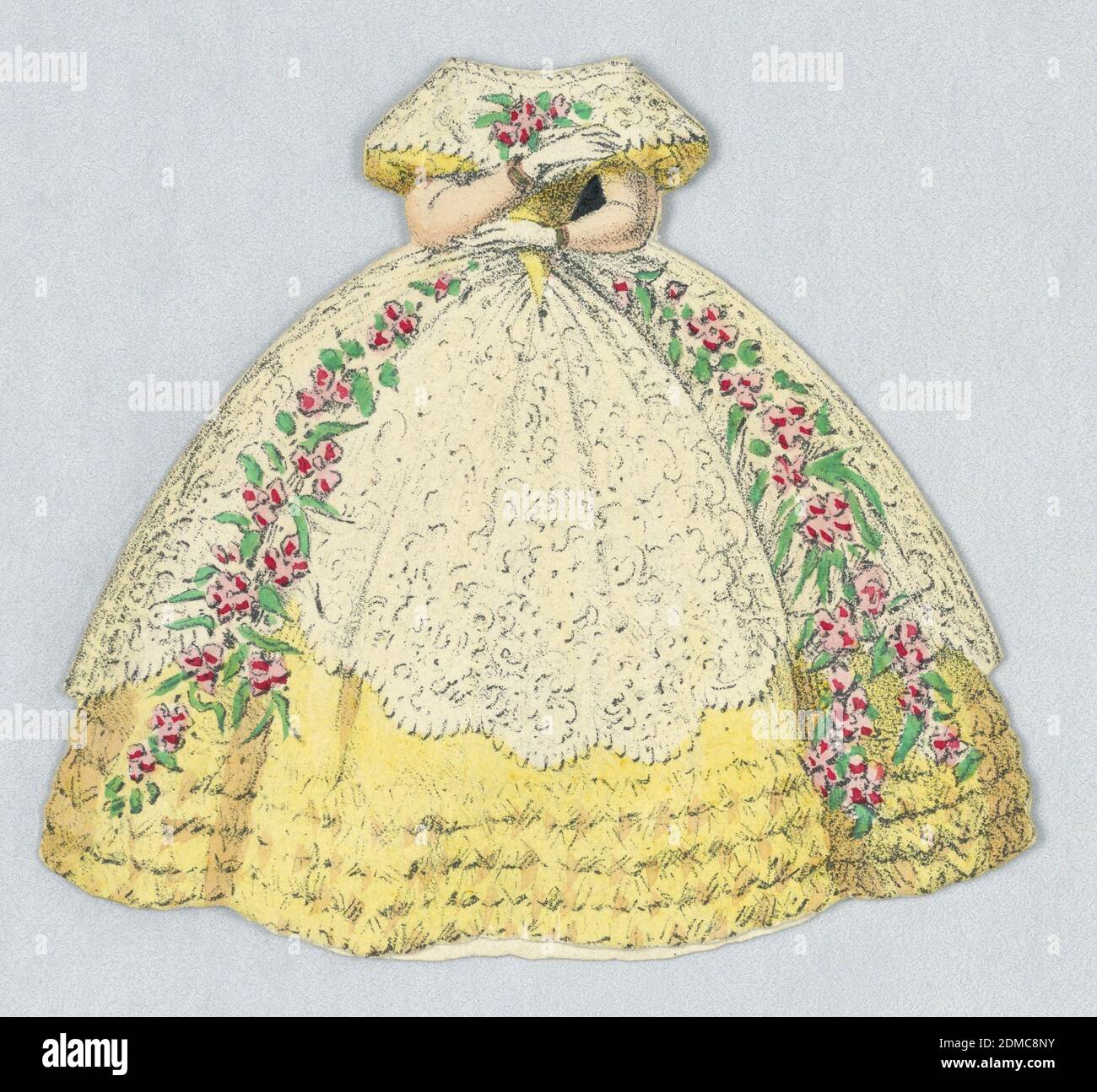 Costume de poupée en papier jaune avec dentelle blanche et roses, lithographie, pinceau et aquarelle sur papier vélin épais crème, robe jaune avec couche supérieure en dentelle blanche. Des guirlandes roses descendent de chaque côté de sa robe. Dos et avant de la robe représentés pour cette tenue de poupée en papier, États-Unis, 1876–80, jouets et jeux, imprimés Banque D'Images