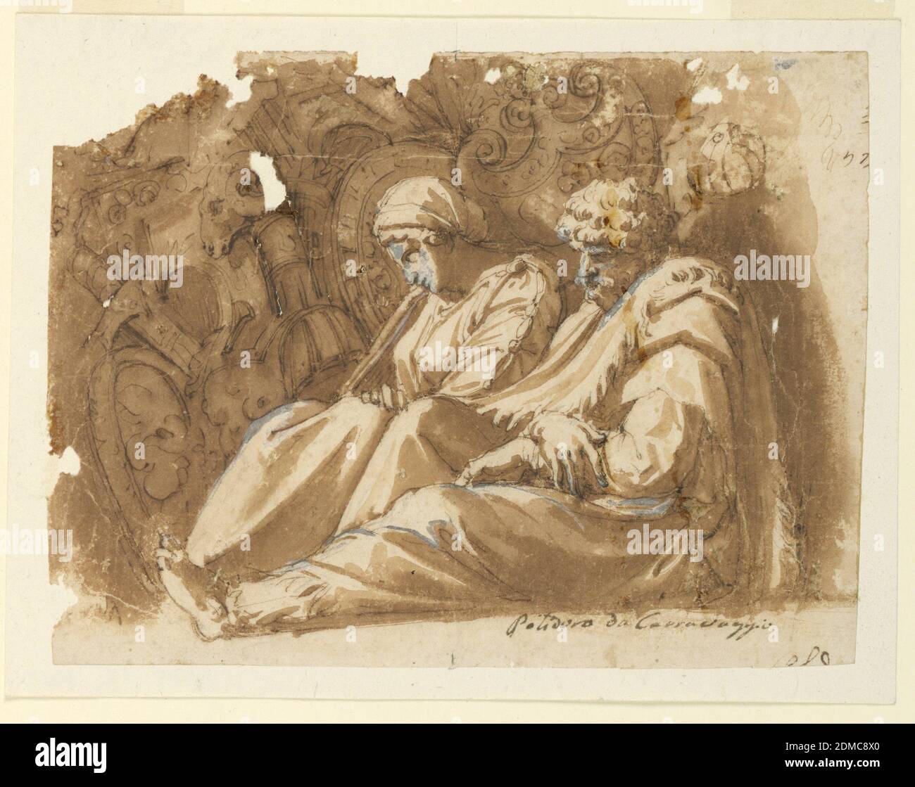 Figurines assis avec Trophée, Polidoro da Caravaggio, Italien, 1499 - 1543, stylo et encre, pinceau et lavage sur papier, UN homme barbu et une femme s'assoient sur le sol, leurs mains dans leurs tours. Dans les ombres derrière elles se trouve une pile de trophées., Italie, 1499–1543, figures, dessin Banque D'Images