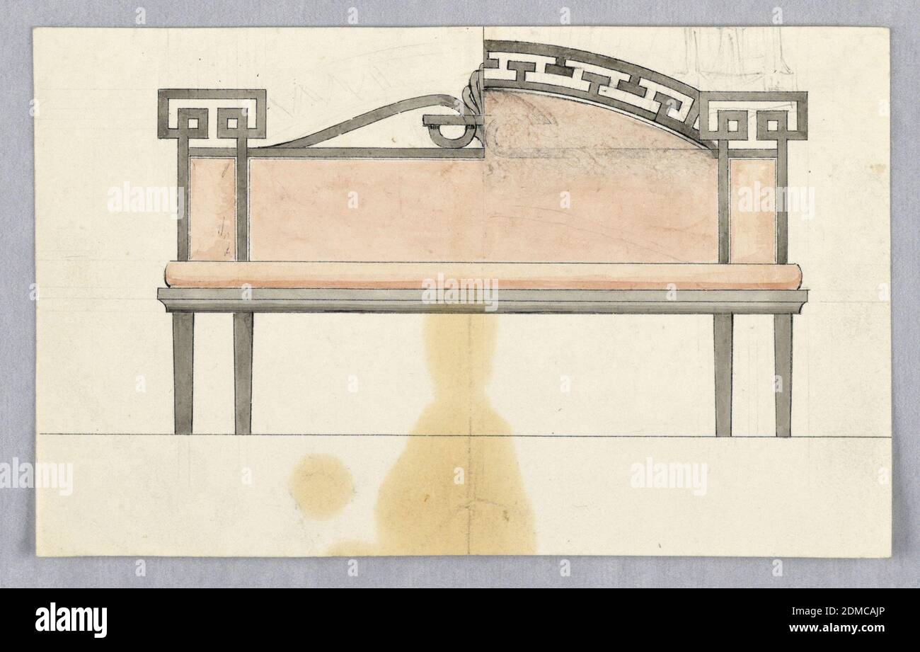 Design pour un canapé avec des suggestions alternatives, stylo et encre noire, pinceau et lavage gris et rose, graphite sur papier vélin blanc cassé, rectangle horizontal. La moitié droite du canapé suggère un contour incurvé du dos, après que le droit qui apparaît à gauche a été effacé. Canapé de style néo-grec avec quatre pieds droits et sellerie rose, Italie, fin du XIXe siècle, mobilier, dessin Banque D'Images