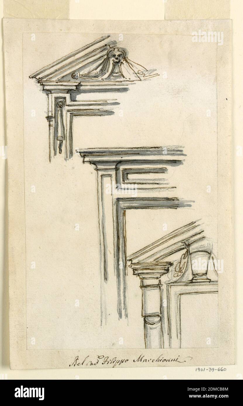 Trois étuis pour fenêtres ou portes, Filippo Marchionni, italien, 1732–1805, charbon, stylo et encre, pinceau et aquarelle grise sur papier couté, ci-dessus : avec un pediment de surbase avec un masque, et des festons de drapery à l'intérieur. Centre : entature supérieure droite soutenue par un montant. Au-dessus du cadre de l'ouverture se trouve un panneau avec des moulures encadrant un oblong. Ci-dessous: Un fronton triangulaire avec un vase à l'intérieur duquel pendent les festons; le vase se tient sur le cadre de l'ouverture., Italie, ca. 1770, architecture, dessin Banque D'Images