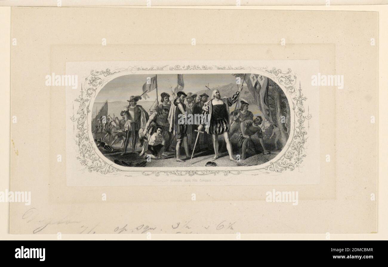 Débarquement de Columbus, American Bank Note Co., John Vanderlyn, américain, 1775–1852, gravure à l'encre noire sur papier, une composition aux angles arrondis. Christophe Colomb se tient au premier plan, à droite du centre, entouré de ses hommes. Il tient son épée dans sa main droite et tient une bannière dans sa main gauche. Enfermé dans un cadre folié, États-Unis, env. 1870, numismatique, billet de banque, billet de banque Banque D'Images