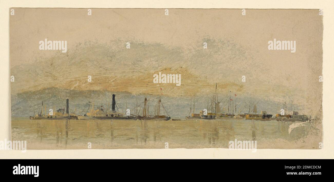 Steamers et navires sur une rivière, Samuel Colman, américain, 1832–1920, Brush et aquarelle à bord, deux steamers et de nombreux voiliers, certains avec des drapeaux rouges, ancrés dans une rivière. Un paysage vallonné et montagneux en arrière-plan. Le capot de mise à la terre rose est visible, en haut, Etats-Unis, env. 1860, paysages, dessin Banque D'Images