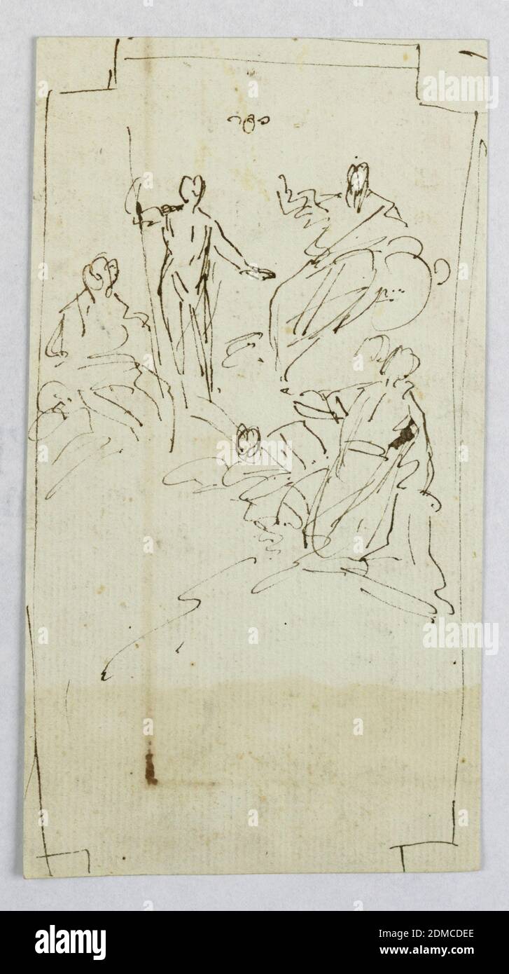 La partie supérieure d'une peinture au plafond: La gloire d'un Saint, Melchiorre de Gregorio, Italien, 1777 - 1840, stylo et encre sur papier bleu clair, le saint s'agenouille sur des nuages, un ange à côté de lui. Au-dessus de la Vierge, Christ se tient avec la Croix, Dieu le Père, et la colombe de l'Esprit Saint, Italie, ca. 1800, figures, dessin Banque D'Images La partie supérieure d'une peinture au plafond: La gloire d'un Saint, Melchiorre de Gregorio, Italien, 1777 - 1840, stylo et encre sur papier bleu clair, le saint s'agenouille sur des nuages, un ange à côté de lui. Au-dessus de la Vierge, Christ se tient avec la Croix, Dieu le Père, et la colombe de l'Esprit Saint, Italie, ca. 1800, figures, dessin Banque D'Images