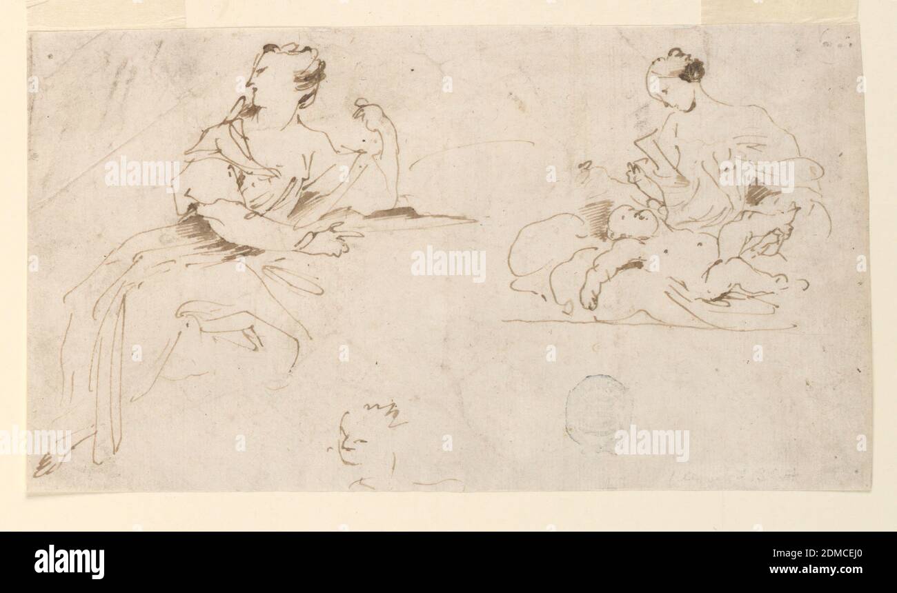 Femme assise, mère et enfant, Giovanni Benedetto Castiglione, italien, 1609–1664, stylo et encre brune sur papier, à gauche, croquis d’une figure assise féminine, en profil, face à gauche. À droite, une mère et un enfant. Au centre inférieur, une face partiellement esquissée d'une femme., Italie, 1645–50, figures, dessin Banque D'Images