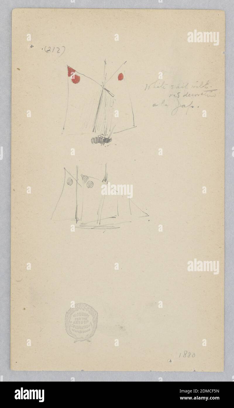 Voilier, Robert Frederick Blum, américain, 1857–1903, stylo et encre, graphite sur papier vélin, deux croquis d'un voilier avec double coque de mât sous voile., USA, 1880, transport, dessin Banque D'Images