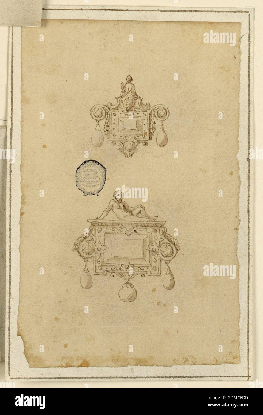 Design pour deux broches représentant un homme et une femme, stylo et encre, pinceau et sépia sur papier, deux dessins pour broches rectangulaires avec des figures assis en haut et pendentif chute en dessous., Italie, XVIe siècle, bijoux, dessin Banque D'Images