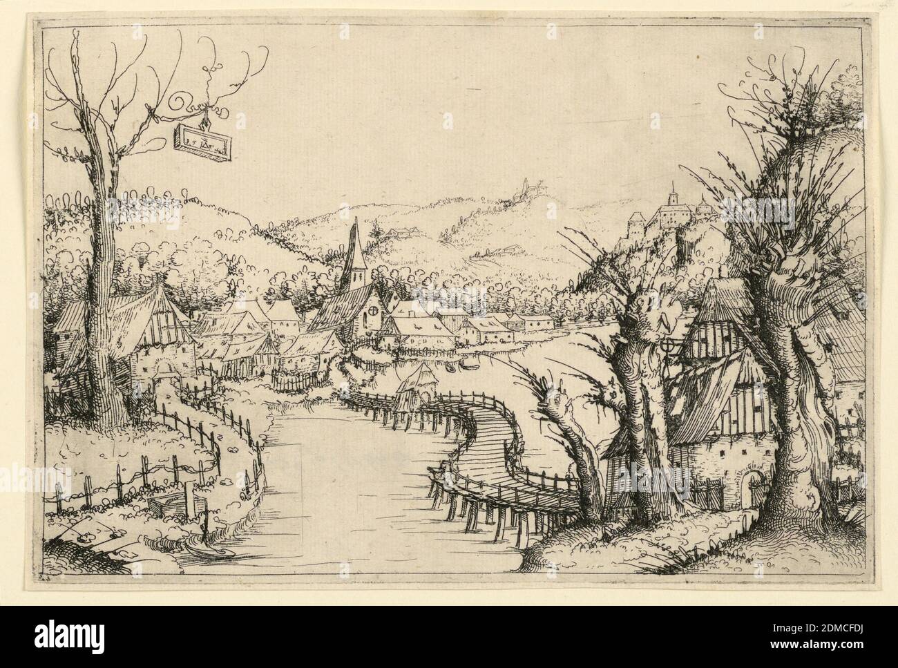 Paysage avec un pont en bois sinueux, Augustin Hirschvogel, 1503 – 1553, Etching sur papier couché, Allemagne, 1546, paysages, impression Banque D'Images