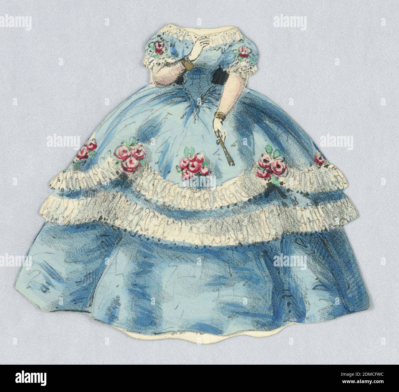 Costume de poupée en papier bleu avec garniture et guirlandes blanches, lithographie, pinceau et aquarelle sur papier vélin épais crème, robe bleu saphir avec bordure blanche à l'encolure, et guirlandes blanches, accompagnées de roses roses sur la jupe complète. Le dos et le devant de cette tenue de poupée en papier sont rendus., États-Unis, 1876–80, jouets et jeux, Imprimer Banque D'Images