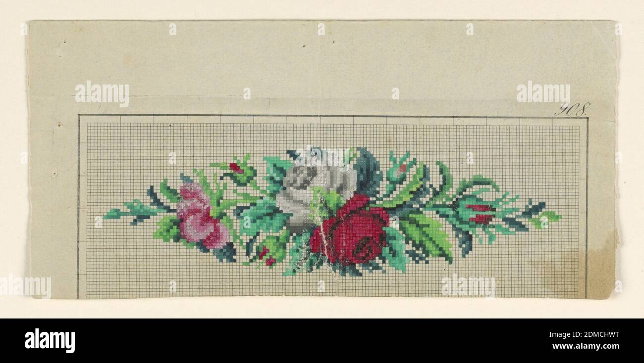 Design for Berlin Wool Work, Carl F. W. Wicht, German, Brush and gouache on pré-Printed squared Paper, Design for Berlin Wool Work, probablement pour un coussin de pin. Une rose rouge et blanche avec des feuilles vertes et un bourgeon à chaque extrémité sur papier carré., Berlin, Allemagne, ca. 1860, dessins textiles, dessin Banque D'Images