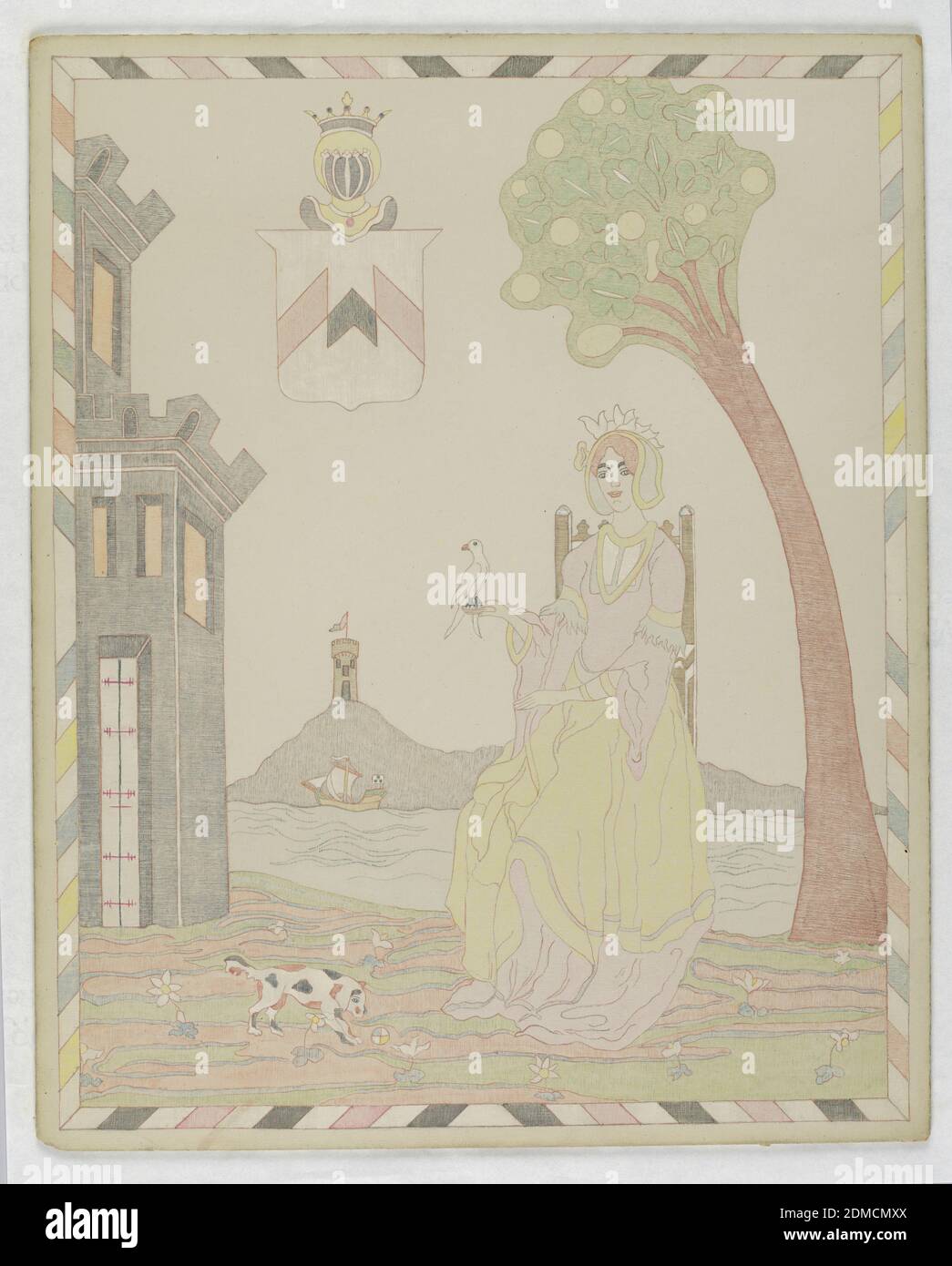 Femme assise sur la chaise, Victor Wilbour, stylo et encre rouge, crayon ou crayon de couleur à bord, femme assise sur une chaise sous un arbre, à droite, avec un oiseau sur sa main, à gauche, un chien et un mur. Au-delà, un lac avec un bateau, puis une tour sur une montagne. Bouclier et masque, en haut à gauche, Etats-Unis, env. 1920, dessin, dessin, femme assise sur la chaise, Victor Wilbour, stylo et encre rouge, crayon ou crayon de couleur à bord, femme assise sur une chaise sous un arbre, à droite, avec un oiseau sur sa main, à gauche, un chien et un mur. Au-delà, un lac avec un bateau, puis une tour sur une montagne. Bouclier et masque, en haut à gauche, Etats-Unis, env. 1920, dessin Banque D'Images