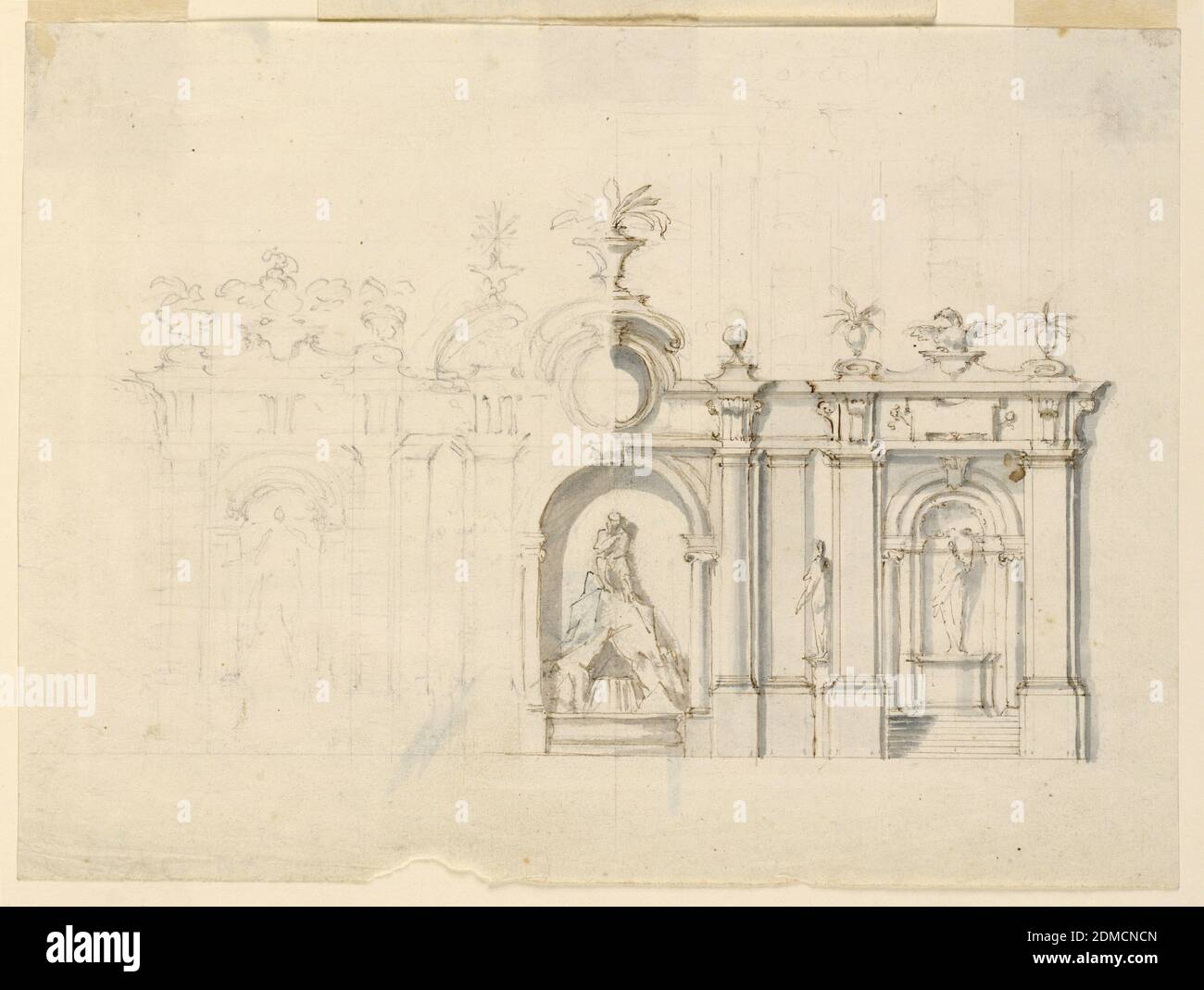 Colonnade avec fontaine, stylo et encre brune, pinceau et lavage gris, graphite sur papier coulé, UN croquis laissé en crayon sur la gauche, et rempli d'encre et de lavage sur la droite. Un mur avec des niches et des colonnades contient une fontaine avec une figure d'homme sur un rocher au centre, une figure sur une console debout au mur de projection, et une niche avec une sculpture sur un piédestal avec des marches en dessous., Italie, ca. 1770, architecture, dessin, dessin, Colonnade avec fontaine, stylo et encre brune, pinceau et lavage gris, graphite sur papier coulé, CROQUIS laissé au crayon à gauche et rempli d'encre Banque D'Images