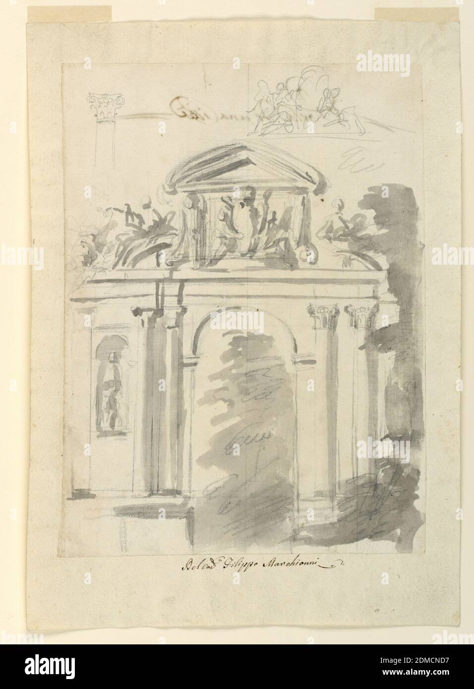 Cadre pour une porte de ville avec d'autres suggestions, Filippo Marchionni, italien, 1732–1805, Graphite, charbon de bois, pinceau et aquarelle sur papier, détail architectural de l'arcade, deux colonnes superficielles Corinthiennes à gauche et à droite de l'arche ouverte. Statue en arc encastré à gauche, façade du temple grec ci-dessus., Italie, ca. 1750, architecture, dessin, dessin, cadre pour une porte de ville avec d'autres suggestions, Filippo Marchionni, Italien, 1732–1805, Graphite, charbon de bois, pinceau et aquarelle sur papier, détail architectural de l'arcade, deux colonnes superficielles Corinthiennes à gauche et à droite de l'arche ouverte Banque D'Images