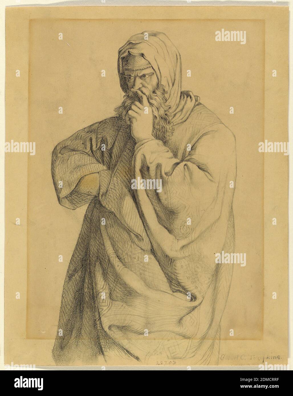 Philosophe, Gilbert Tompkins, New York, NY, USA, crayon sur papier crème, rectangle vertical. Figure de trois quarts de longueur d'un homme barbu, tourné vers la gauche. Il est lourdement drapé, y compris une cagoule couvrant sa tête. Sa main gauche est élevée à la tête en geste de pensée profonde. Signé, en bas à droite., New York, New York, Etats-Unis, 1902, figures, dessin Banque D'Images