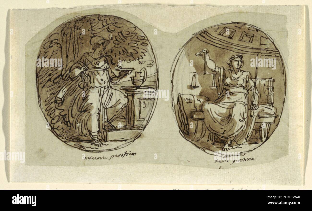 Minerva, Design pour plafond voûté, Sala dei Legislatori, Palazzo Conti-Sinibaldi, Faenza, Felice Giani, italien, 1758–1823, stylo et encre, pinceau et bistre laver sur la craie noire sur papier cousu, Minerva se tient sous les arbres ayant le pied gauche sur la base du piédestal, sur lequel repose le pichet. Elle tient le serpent qui boit du bol tenu dans sa main gauche. Inscription: minerva pacifica. À droite, Themis assis sur jeté, décoré avec des fasces. Elle tient une paire de balances et une épée. Le livre ouvert penche contre le mur de la salle circulaire en dôme, à gauche. Inscription : temi giostisia., Italie, 1787–1802, figures Banque D'Images