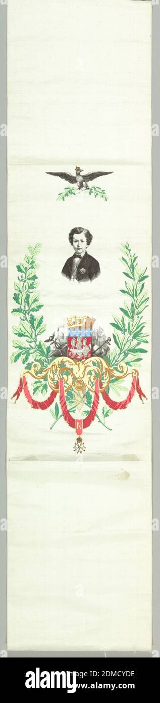 Portrait, Moyen: Soie technique: Brocardé de jacquard tissé, buste de portrait d'enfance de Napoléon Eugène Louis Jean Joseph Bonaparte (1856-1879), fils de Napoléon III et de son épouse d'impératrice Eugénie de Montijo. Un aigle couronné portant des branches de Laurier vert se hante au-dessus de lui. Sous lui se trouvent des normes symboliques rouges, vertes, or et noires et heralsèches avec des branches de chêne et de Laurier. Centré dans les formes de défilement d'or est l'année 1867, enfermé dans un ovale avec pendantes. Ci-dessous se trouve un tapis rouge décoré de la Médaille d'honneur de la Légion française., France, 1867, textiles tissés, Portrait Banque D'Images