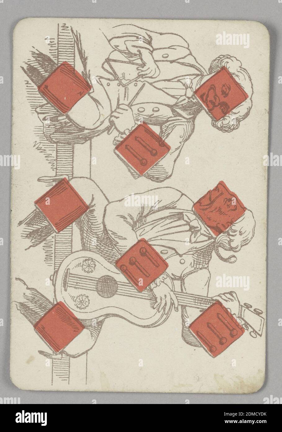 Huit des diamants, E. le Tellier, français, actif fin du XIXe siècle, B.P. Grimaud, Paris, France, Lithographie sur papier, huit de Carreau carte à jouer à partir d'un lot de cartes à jouer transformation. Verticalement, une scène figurale représentée par un contour. Deux messieurs en costume élaboré jouent de la musique--l'homme au sommet tient un triangle, et l'homme au fond joue de la guitare. Diamants rouges intégrés à la scène. Paris, France, fin du XIXe siècle, jouets et jeux, cartes à jouer, cartes à jouer Banque D'Images