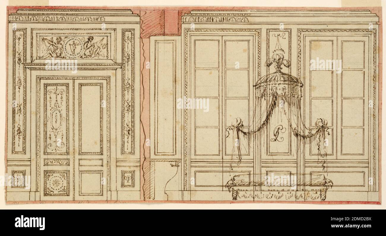 Design pour une chambre à coucher, stylo et encre, brosse et rose lavage, graphite sur papier, UNE porte pliante entre deux pilastres est montrée à gauche. Overdoor, médaillon circulaire entre deux femmes accroupantes. À droite, un lit avec un auvent et un rideau est suggéré avant les fenêtres. Un monogramme au centre du rideau: 'P.C.', France, 1800, dessin Banque D'Images