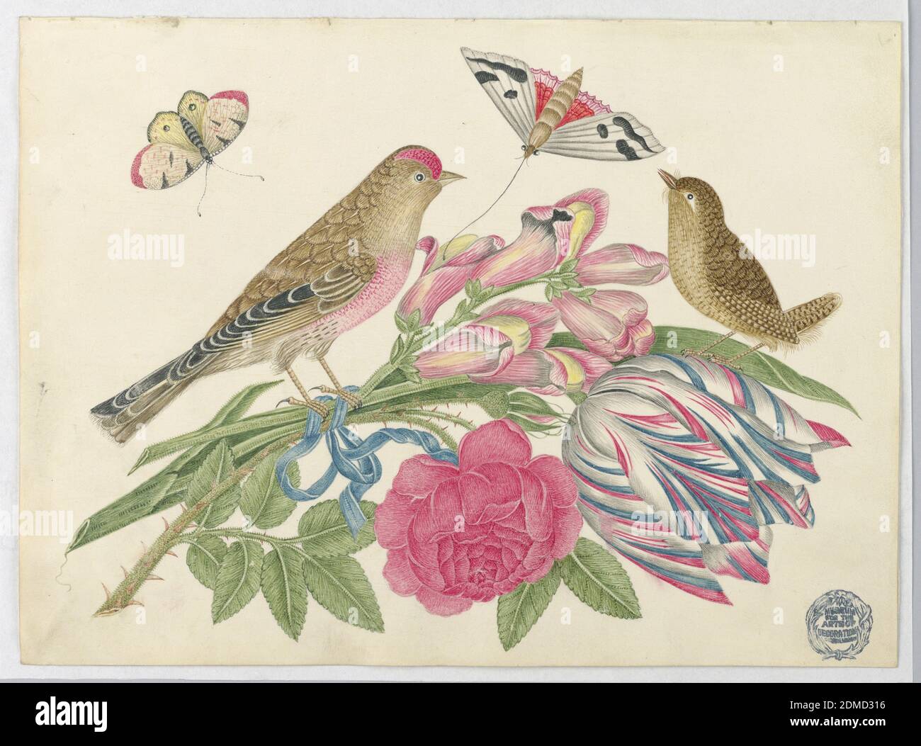 Paire d'oiseaux bruns sur le bouquet avec tulipe, rose et vivaneaux, avec papillons, stylo et encre, graphite sur papier vélin enduit, paire d'oiseaux bruns sur le bouquet avec tulipe, rose et vivaneaux, avec papillons, ca. 1800–1830, mise en plan Banque D'Images