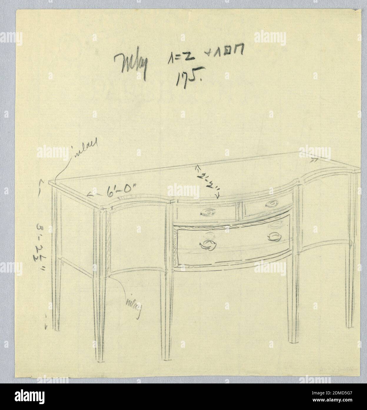 Conception pour panneau latéral avec Serpentine Front et six pieds, A.N. Davenport Co., Graphite sur papier crème fin, panneau latéral rectangulaire avec avant en serpentin sur six pieds coniques droits; section centrale convexe de l'avant a trois tiroirs: Deux plus petits en haut d'un plus grand, chacun avec une traction ronde., 1900–05, mobilier, dessin Banque D'Images