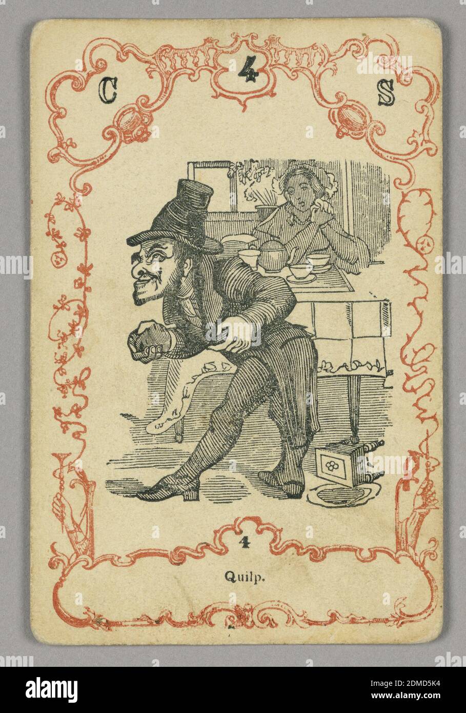 Carte à jouer, encre rouge et noire, papier, carte numérotée en haut: C 4 S; en dessous de l'image centrale: 4, Europe, ca. 1855, carte à jouer Banque D'Images