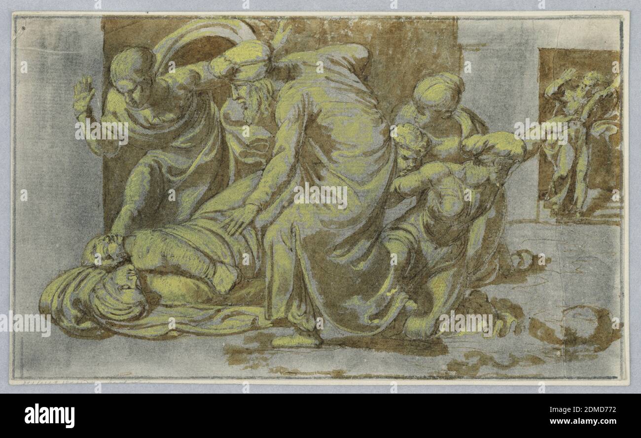 Miracle réalisé par le cadavre de St. Cecelia, la craie jaune, la sépia et l'aquarelle grise, deux figures se plient vers le cadavre de St. Cecelia. Plusieurs autres figures luttent dans le côté droit du cadre., Italie, XVIe siècle, figures, dessin Banque D'Images