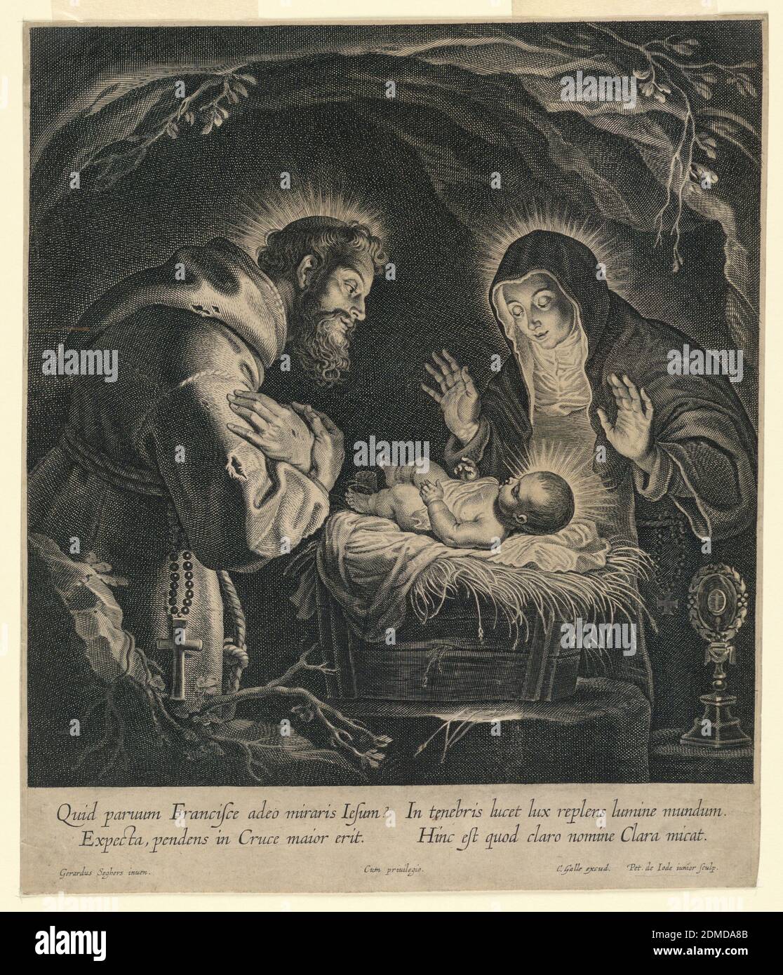 Saint Francis et Saint Clara adorant le bébé Jésus, Pieter de Jode le Jeune, Flamand, 1606 - ca. 1674, Gerard Seghers, flamand, 1591 - 1651, Cornelis Galle I, flamand, 1576 - 1650, gravure sur papier blanc, l'enfant du Christ dans un mangeur, Sainte-Anne Clara à droite, STS. François à gauche, dans leurs habitudes religieuses. Ci-dessous, inscrit, 'Quid parum Francisce adeo miraris IE sum / ex pecta, pendens dans Cruce maiorerir. / en tenebris lucet lux re plens lumine mundum. / Hinc est quod clara nomine mieat.' Ci-dessous, les noms des artistes et des éditeurs., Flandre, Belgique, ca. 1630–1655, religion Banque D'Images