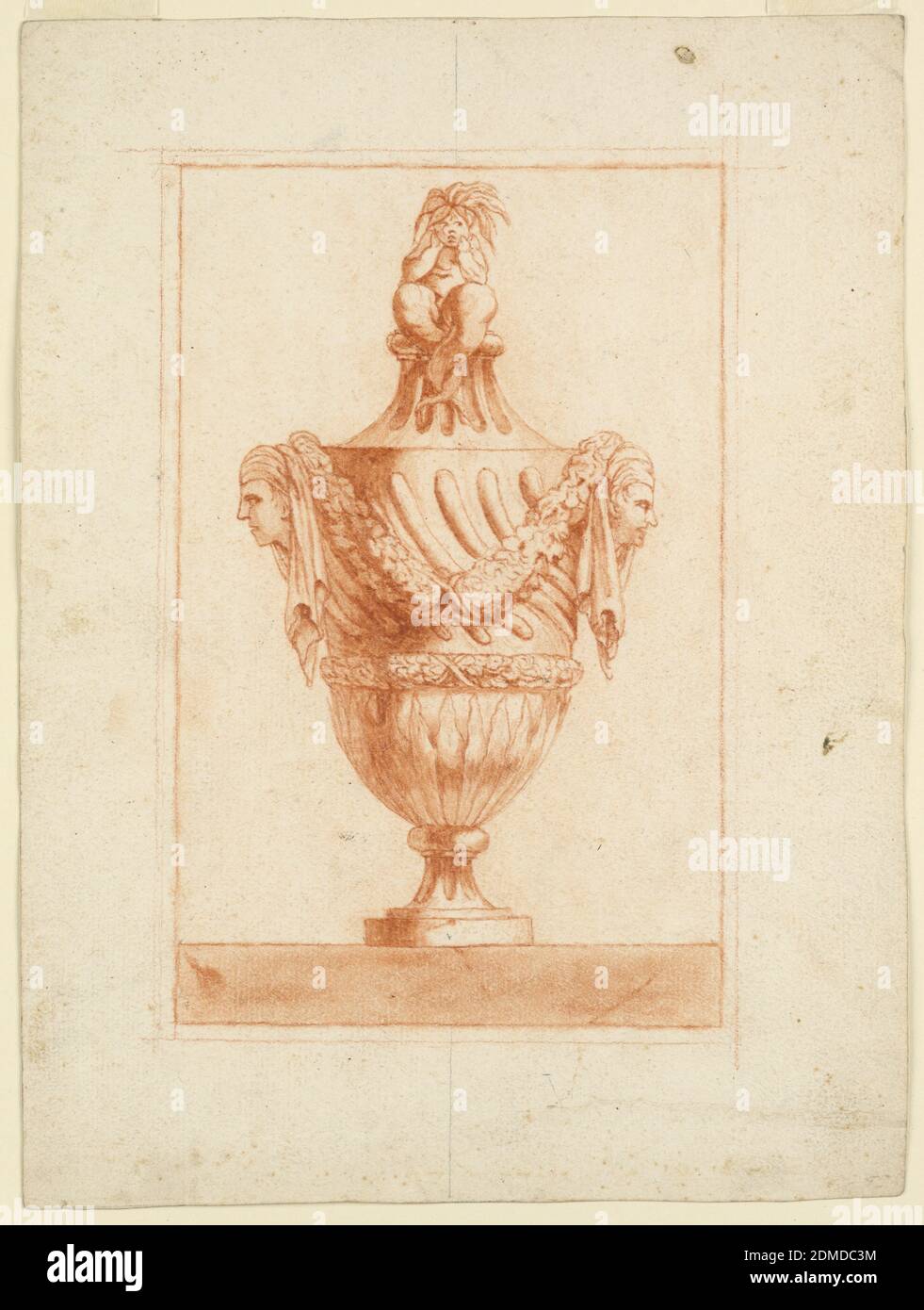 Design pour un vase, crayon rouge sur papier, élévation d'un vase décoré de deux masques et galopant en spirale. Au sommet, un puto de mer contemplatif. Vase sur un sol en marbre fissuré., Europe, 1730–1760, classicisme, dessin Banque D'Images
