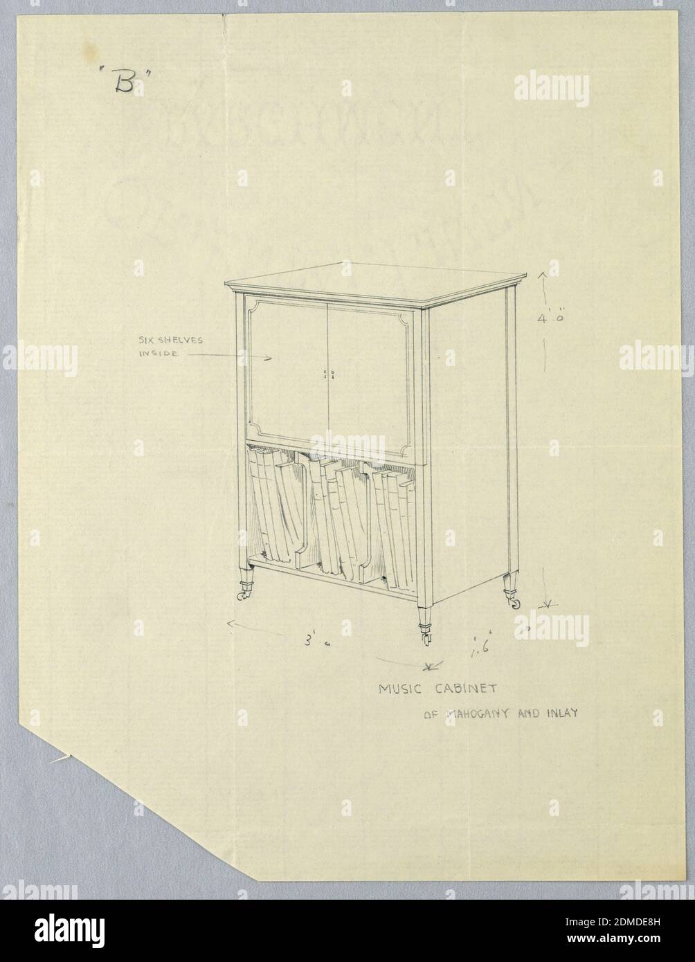 Design pour Music Cabinet 'B' d'acajou et d'Inlay, A.N. Davenport Co., Graphite sur papier crème fin, armoire rectangulaire avec dessus moulé, semblable à une frise, surélevé sur 4 pieds courts, tapisseries sur roulettes; tablette supérieure fermée avec 2 portes; compartiment inférieur ouvert rempli de grandes feuilles séparées par 2 séparateurs en forme de support., 1900–05, mobilier, dessin Banque D'Images