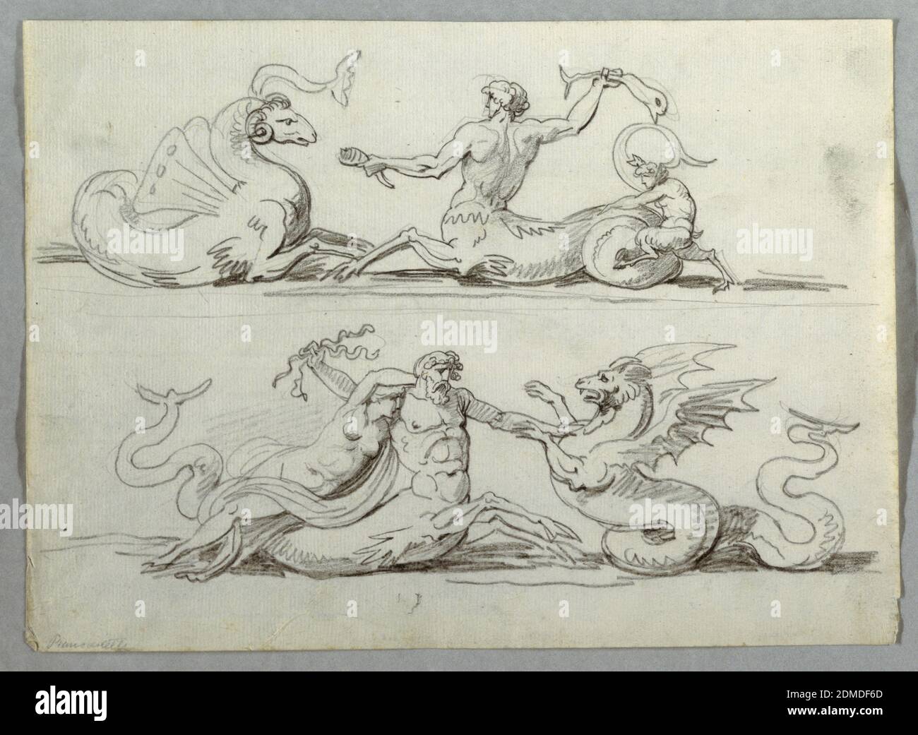 Sea Centaur Battles Sea Monster, Felice Giani, Italien, 1758–1823, craie noire sur papier blanc coulé, au-dessus à gauche, un monstre avec tête de bélier et ailes de papillon. Un jeune centaure vu de gauche et de l'arrière, a la corne dans la main gauche et balançant un poisson avec la droite. Le jeune satyr marche sur sa queue. Ci-dessous, monstre à droite, centaure l'a saisi avec la main gauche. Sur le dos du centaure se trouve awoman., Italie, ca. 1805, figures, dessin Banque D'Images