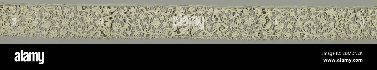 Bande, Moyen: lin technique: Aiguille dentelle, bande de point de Venise à Rose avec vaporisateurs floraux en serpentin contour de cordonnet et reliés par des barres avec des picots. Les zones solidement travaillées sont parsemées de points de remplissage décoratifs connus sous le nom de regard quadrillée et portes., France, 1670–90, dentelle, bande Banque D'Images