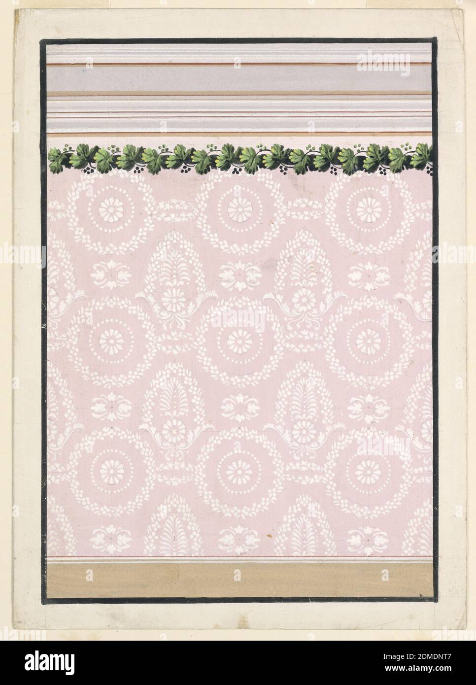 Papier peint Design, Brush and gouache, graphite sur papier blanc, UNE dado est montrée en bas, et une entablature élevée en haut. Le panneau montre des rangées horizontales de couronnes circulaires, avec des rosettes, qui sont reliées par de petits qui sont montrés de manière perspective. Au-dessus de ces motifs palmette stand; au-dessus des hauts des grandes couronnes sont des motifs fermoir. Une guirlande de vigne est sur le dessus, dont la partie supérieure est montrée sur fond rose., Autriche, 1835–50, papiers peints, dessin Banque D'Images