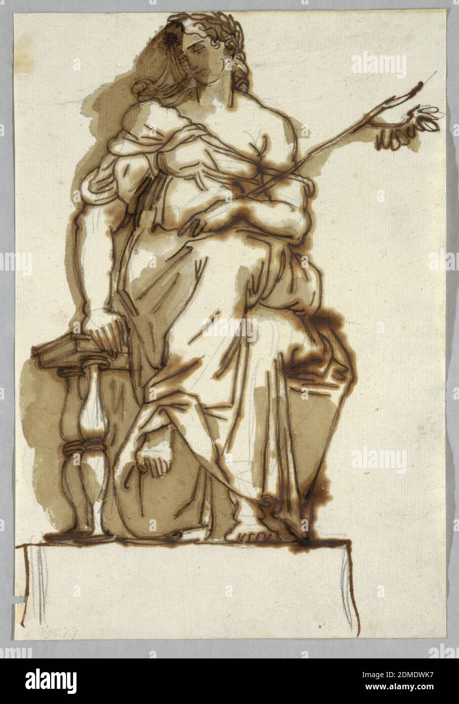 Etude après une statue antique d'une femme assise, Felice Giani, italien, 1758–1823, stylo et encre brune, pinceau et brun laver sur des traces de graphite sur papier crème couchée, figure femelle assis sur le banc, main gauche tient sec bough de l'arbre., Italie, ca. 1820, figures, dessin Banque D'Images