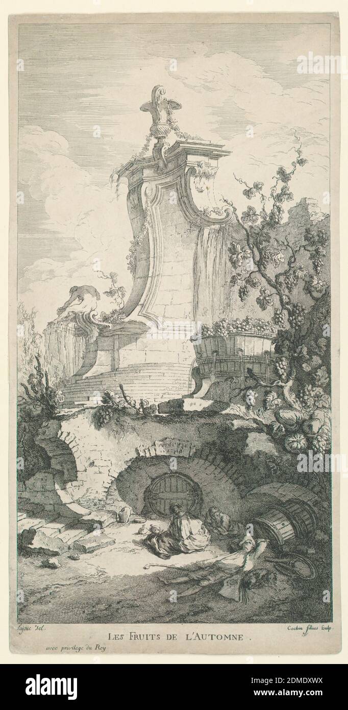 Les fruits de l'automne, de 'Livre Nouveau de Douze Morceaux Fantaises utiles à divers Usages', Charles-Nicolas Cochin le Jeune, 1715 - 1790, Jacques de Lajoüe, français, 1687–1761, gravure sur papier, Figures dormir d'un remel bacchanalien au premier plan. Derrière, à droite, une grande vigne, et centre, au-delà d'une cave à vin, une grande fontaine de rocaille approchée par un vol de marches., France, ca. 1740, Imprimer Banque D'Images Les fruits de l'automne, de 'Livre Nouveau de Douze Morceaux Fantaises utiles à divers Usages', Charles-Nicolas Cochin le Jeune, 1715 - 1790, Jacques de Lajoüe, français, 1687–1761, gravure sur papier, Figures dormir d'un remel bacchanalien au premier plan. Derrière, à droite, une grande vigne, et centre, au-delà d'une cave à vin, une grande fontaine de rocaille approchée par un vol de marches., France, ca. 1740, Imprimer Banque D'Images