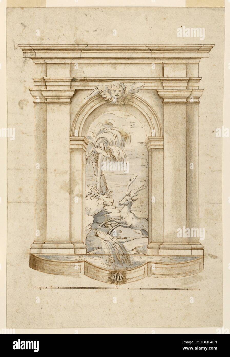 Dessin Original Fontaine De Neptune – Encre Romantique Allemande – XIXe