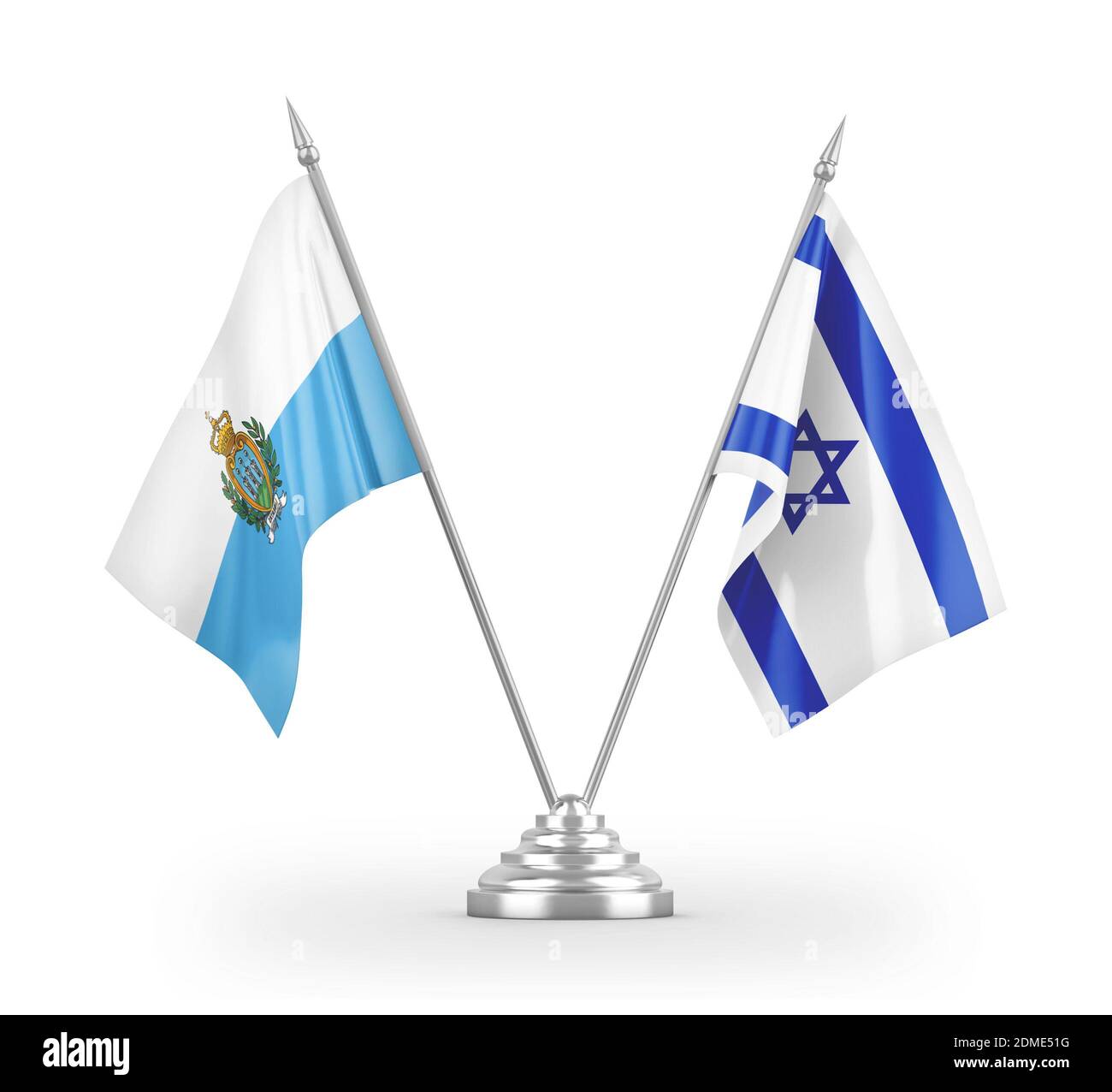Drapeaux de table Israël et Saint-Marin isolés sur 3D blanc rendu Banque D'Images