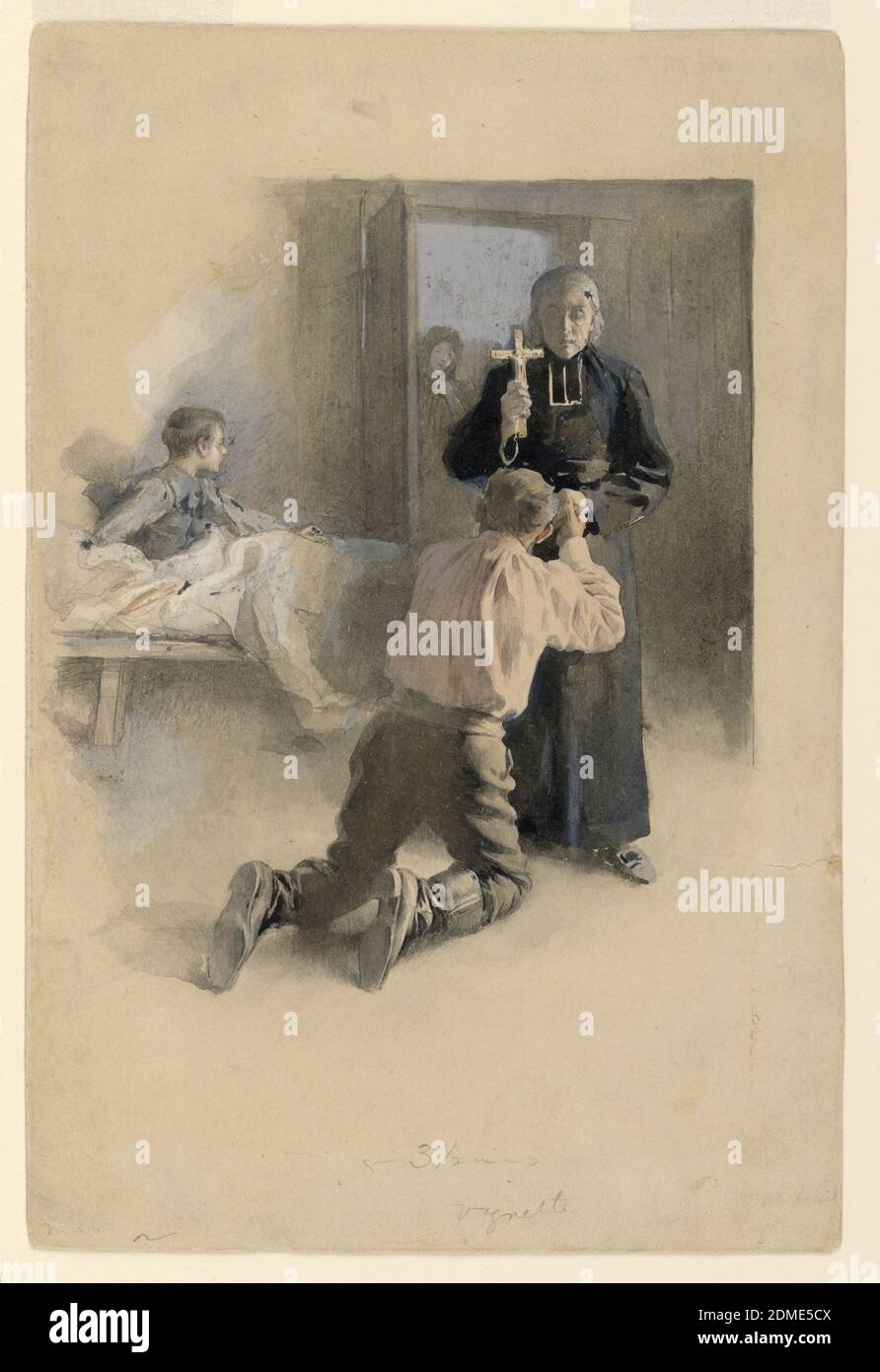 Sur vos genoux et le jure, Albert Lynch, Français, 1851 - après 1900, Brush et aquarelles grises, roses, bleues, blanches et noires, avec du graphite, sur le tableau d'illustration, UN jeune homme s'agenouille devant un prêtre qui tient un crucifix devant lui. En arrière-plan, un autre jeune homme au lit et une figure debout dans la porte., USA, 1894, figures, dessin Banque D'Images