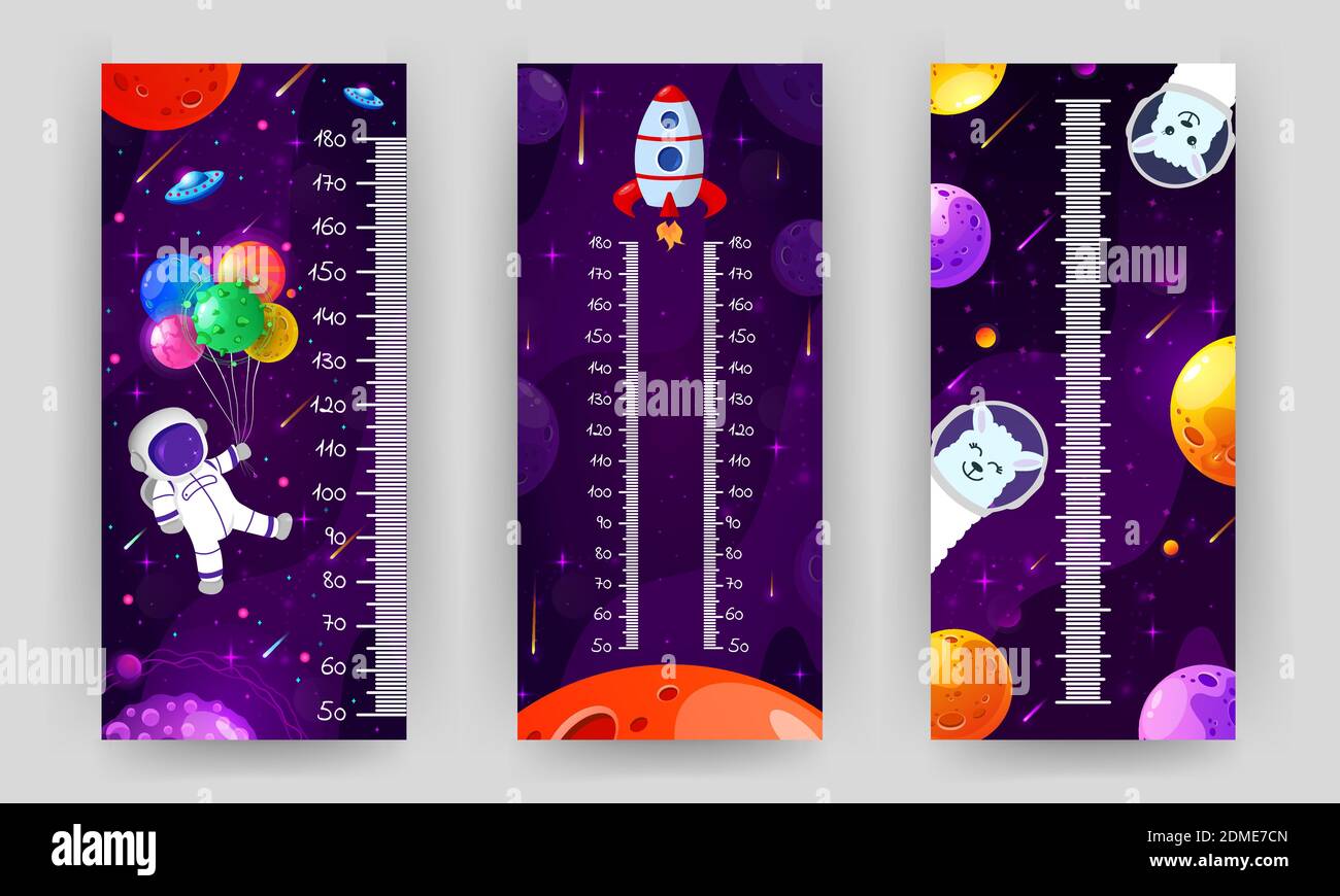 Tableau des hauteurs de l'espace pour les enfants. Appareil de mesure de mur cosmique avec astronaute volant, fusée et planètes fantaisie. Illustration de Vecteur