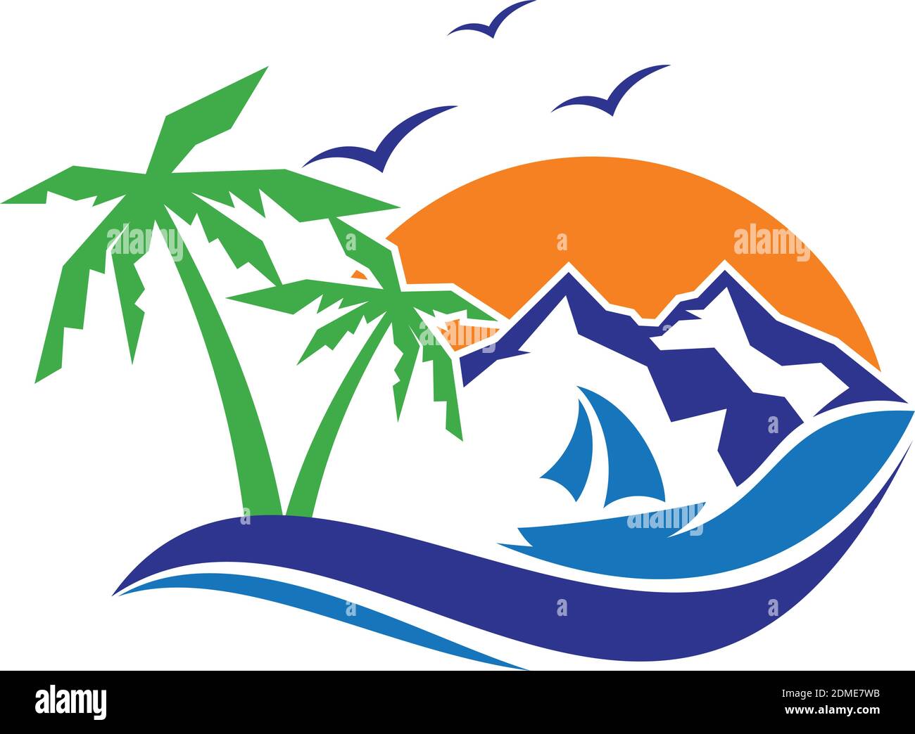 Vacances d'été avec coucher de soleil graphique, montagne, palmiers et oiseau. Design vectoriel de paysage. Illustration vectorielle EPS.8 EPS.10 Illustration de Vecteur
