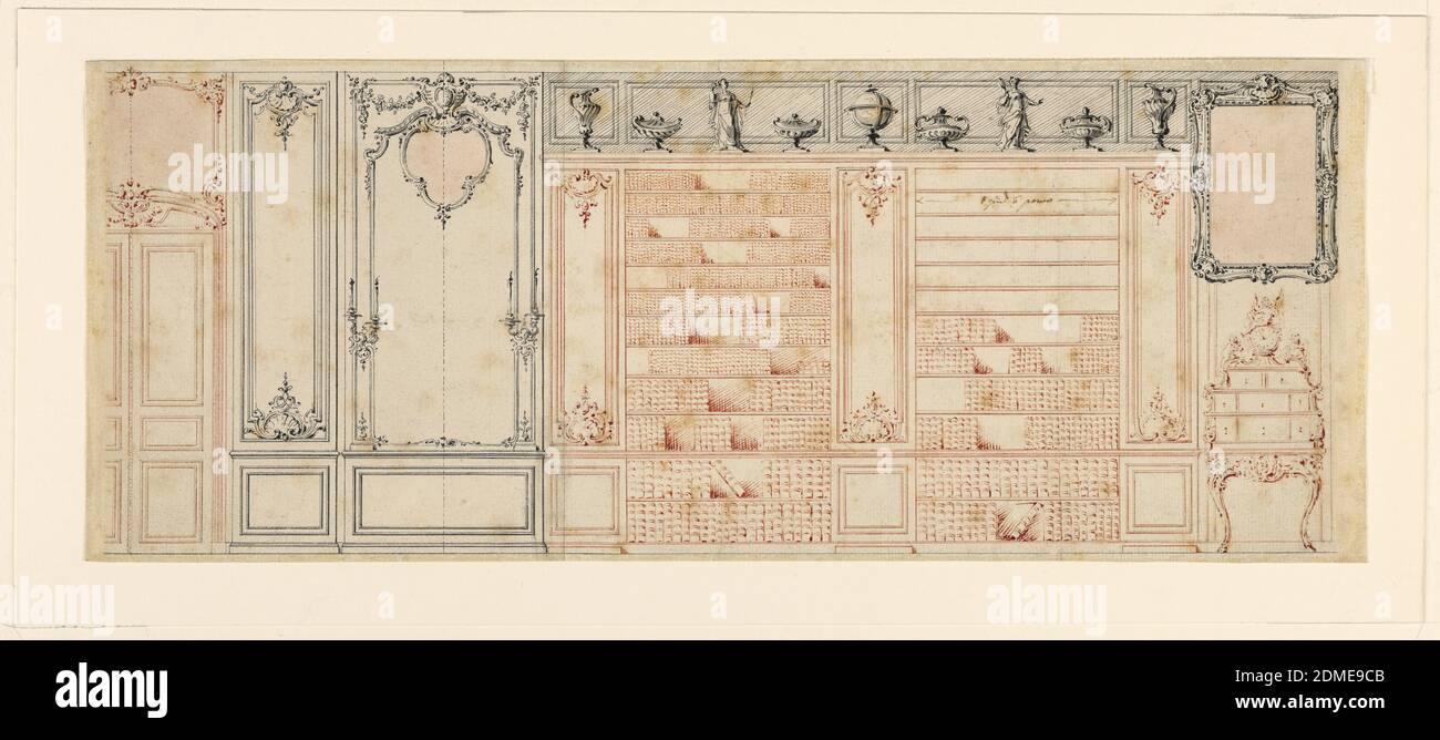 Design pour un mur de bibliothèque, stylo et encre noire et rouge, pinceau et gris et rose sur deux feuilles de papier blanc cousu, deux sections de bibliothèques sont divisées et flanquées de panneaux sculptés de la boiserie; à gauche, une porte et un panneau large et étroit, le plus large flanqué de sconces et décoré de festons sculptés et d'un miroir; à droite, bureau contenant une horloge et au-dessus, une image sculptée ou un cadre de miroir; sur les bibliothèques--statuaire, vases, et une carte-globe. Sur verso, croquis au crayon d'une table de console avec indications d'échelle., ca. 1740, intérieurs, dessin Banque D'Images