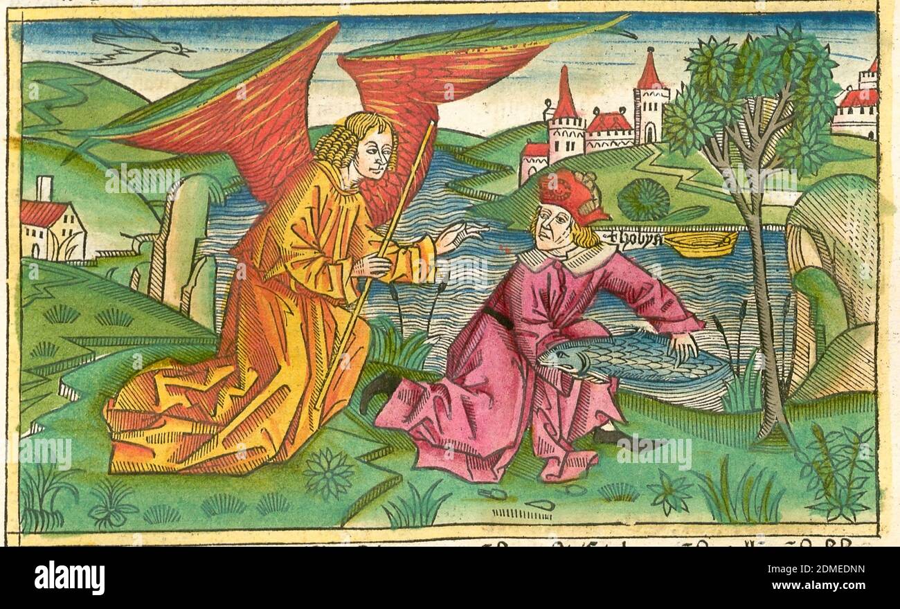 Tobiah et l'ange, du XVe siècle, de couleur boisée de la Bible de Koberger Banque D'Images