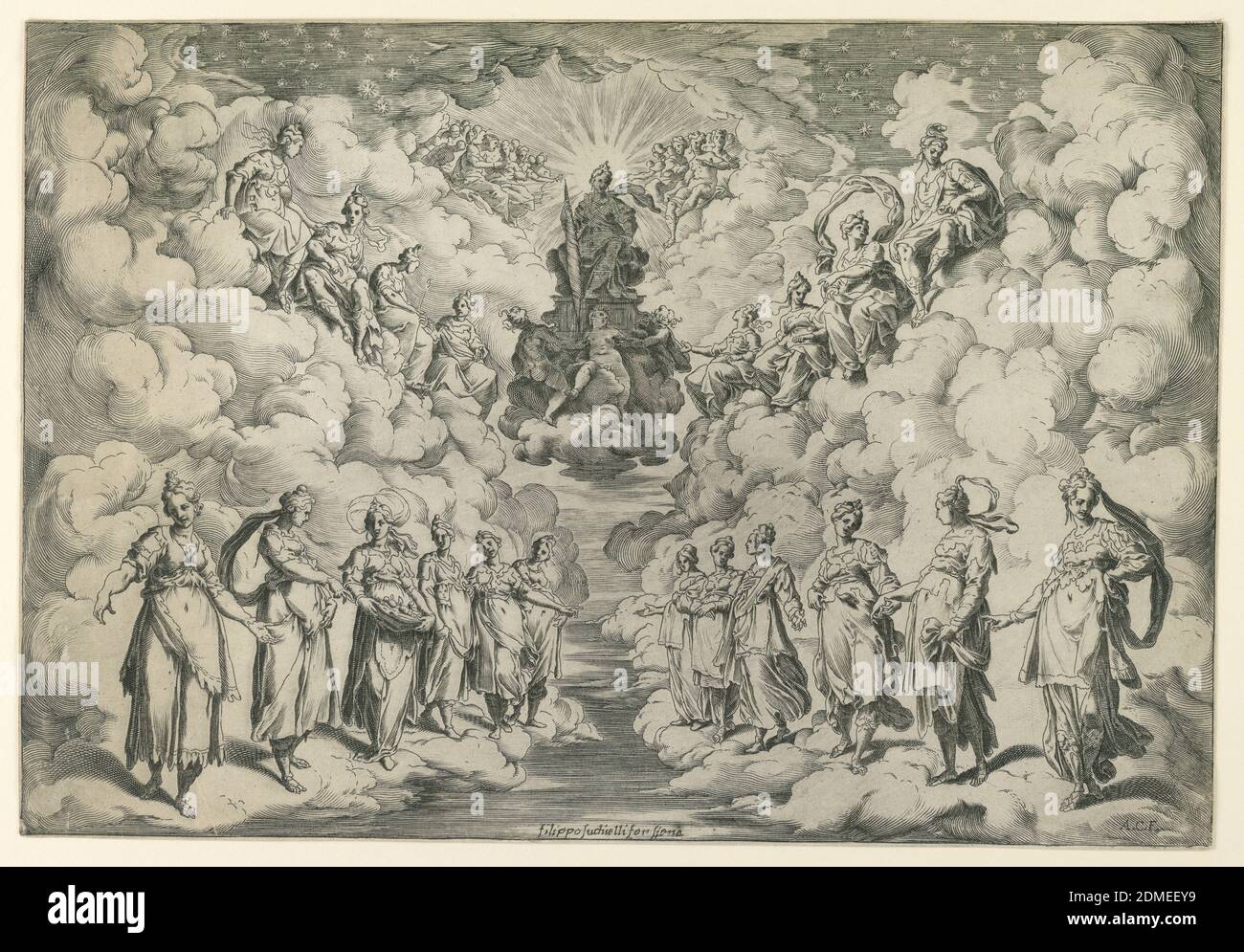 L'harmonie des sphères, d'Intermezzo par Giovanni de'Bardi, Agostino Carracci, Italien, 1557 – 1602, Bernardo Buontalenti, Italien, ca. 1531 - 1608, gravure et gravure sur papier, Italie, 1589, imprimé Banque D'Images