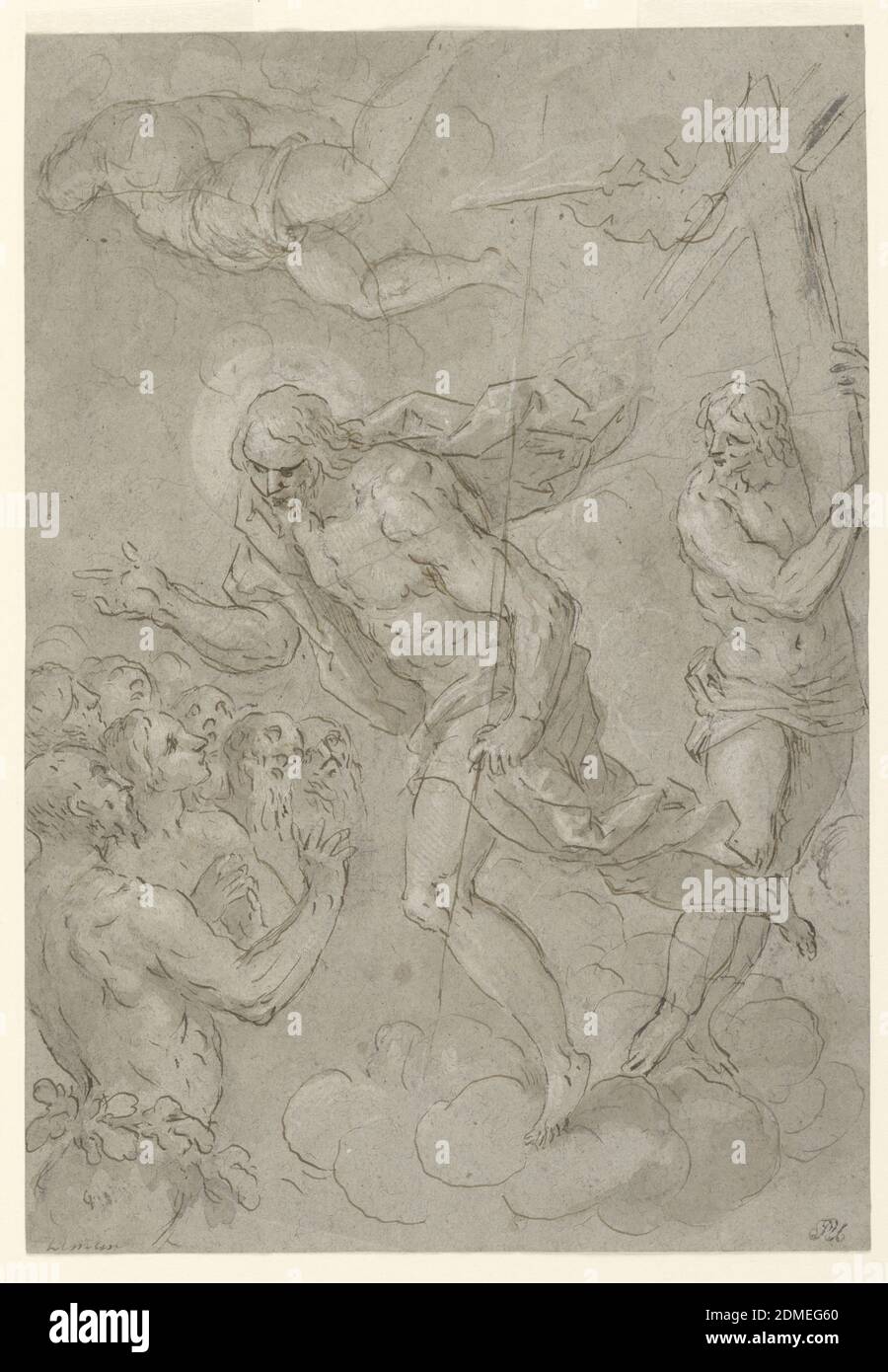 Christ in Limbo, Jacopo Palma, il giovane, italien, 1548 – 1628, stylo et encre, bistre de lavage et d'accentuation blanche sur papier gris, Christ, sur une banque de nuages, tourne vers un groupe de figures, en bas à gauche. Une autre figure tient la croix, la droite et une figure flotte au-dessus., Italie, 1625-1628, figures, dessin Banque D'Images