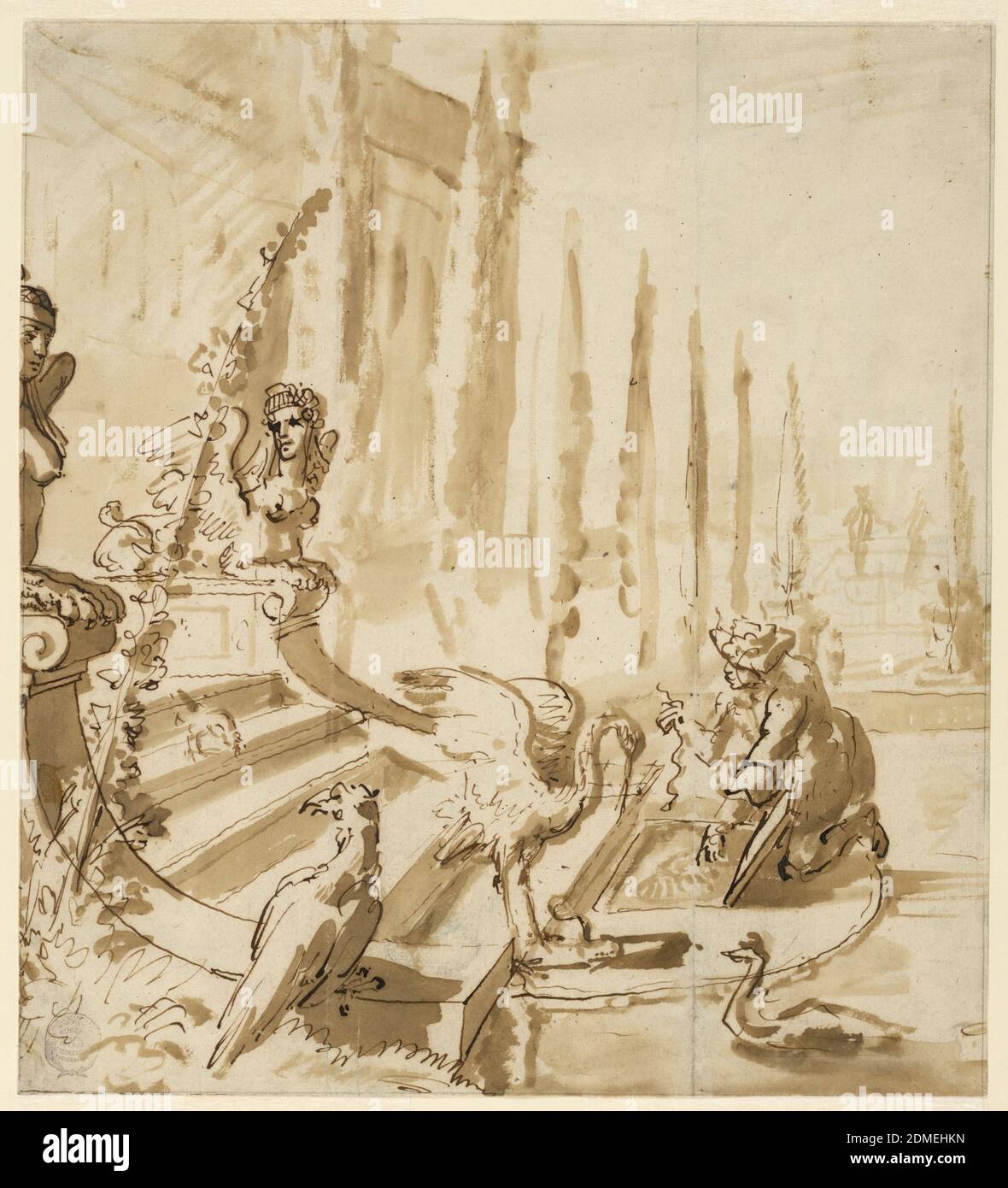 A Fountain, Romeyn de Hooghe, Néerlandais, 1645 - 1708, stylo et encre, brosse et bistre laver sur papier à poser, une partie d'une fontaine est présentée au premier plan. Des marches mènent à un bassin qui se trouve au même niveau que le parc, tandis que le palais se trouve sur une terrasse. Oiseaux sur les marches, et un homme qui en nourrit l'un d'eux, représentant probablement des sculptures., pays-Bas, 1680–90, dessin Banque D'Images