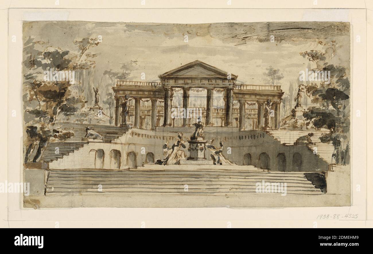 Stage Design: Open Temple dans un jardin, stylo et encre brune, pinceau et noir et brun lavage, gouache blanc, charbon de bois sur papier, Design pour un stage design. Un escalier mène à une plate-forme sur laquelle trois figures féminines décorent une statue de déesse. La plate-forme est flanquée de vols d'escaliers menant à l'atrium d'un temple. Le temple ne semble pas avoir de toit. La structure est placée dans un jardin avec des arbres situés sur le côté et derrière. Il y a des statues situées au loin, de chaque côté du temple., Italie, 1750–1800, théâtre, dessin Banque D'Images