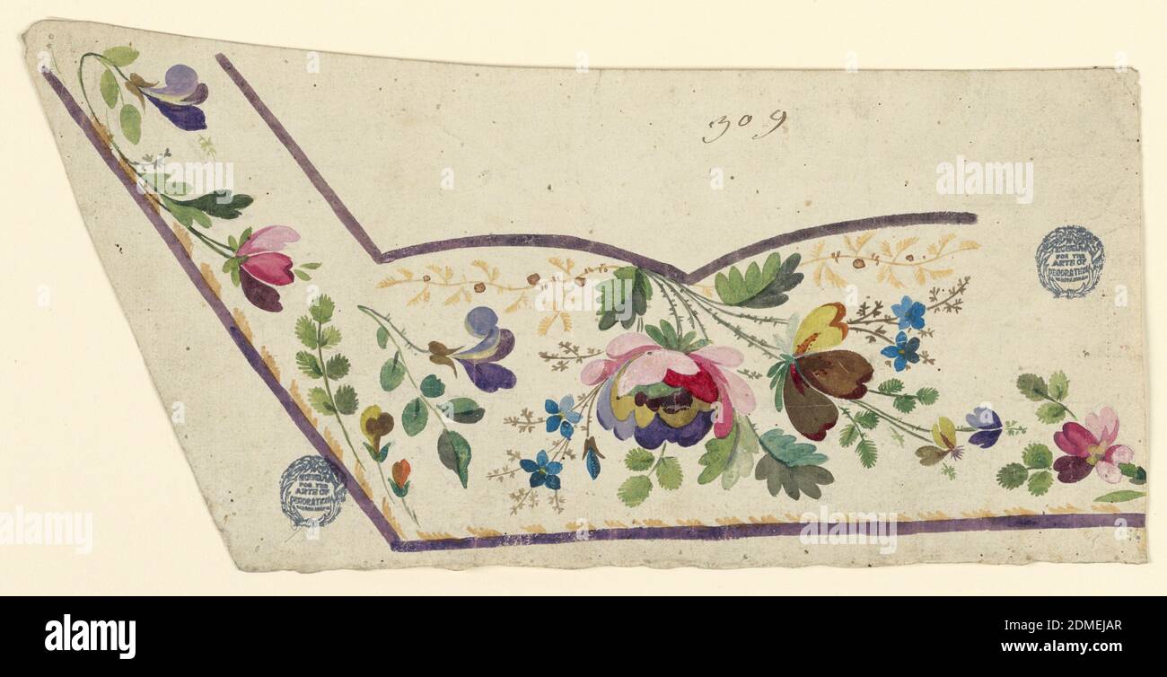 Motif non fini pour un gilet de costume, crayon et diverses gouaches sur papier, motif non fini pour la broderie du coin inférieur gauche d'un gilet de costume d'homme. Bords lilas, ceux en bas et sur le côté gauche de la poche représentée. Les feuilles se trouvent à l'intérieur du bord du gilet. Un bouquet de fleurs, qui comprend une rose de couleur fantastique, est suspecnded du fond de la poche. Les creux de fleurs et de feuilles remplissent l'espace restant du champ., France, 1780-1790, dessin Banque D'Images