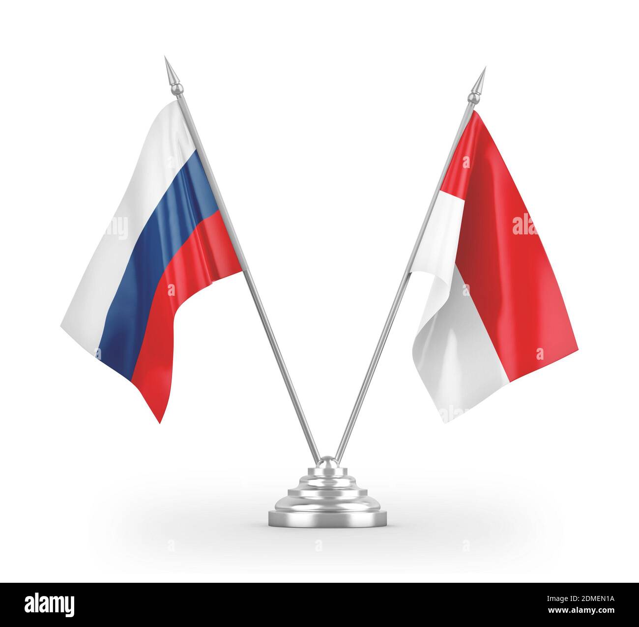 Drapeaux de table de l'Indonésie et de la Russie isolés sur le rendu 3D blanc Banque D'Images