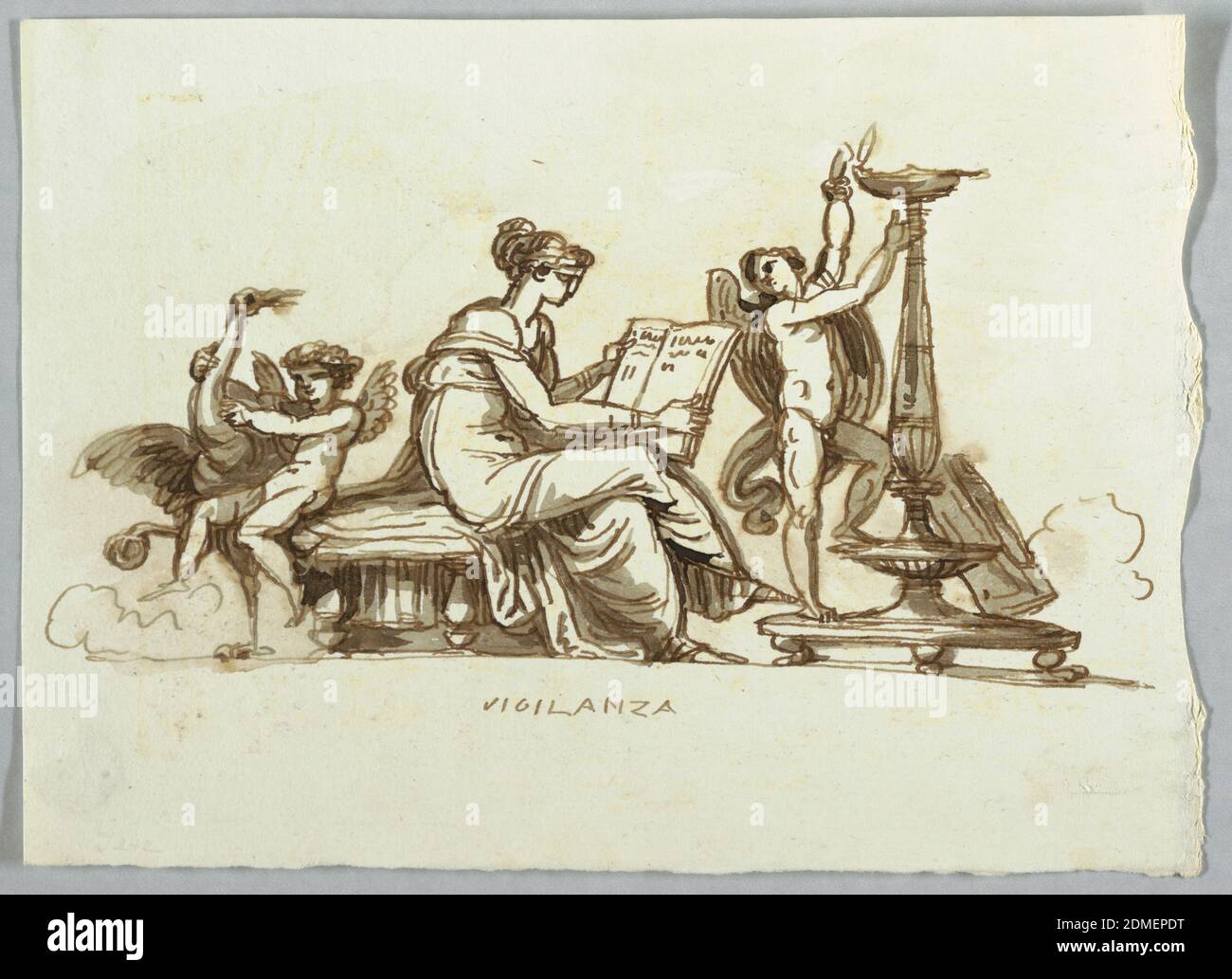 Vigilance, Felice Giani, italien, 1758–1823, stylo et encre brune, pinceau et brun laver sur des traces de graphite sur papier crème posé, femme assise sur le lit et livre de lecture. Putto lumières lampe, une autre grue de retenue., Italie, 1816, figures, dessin Banque D'Images