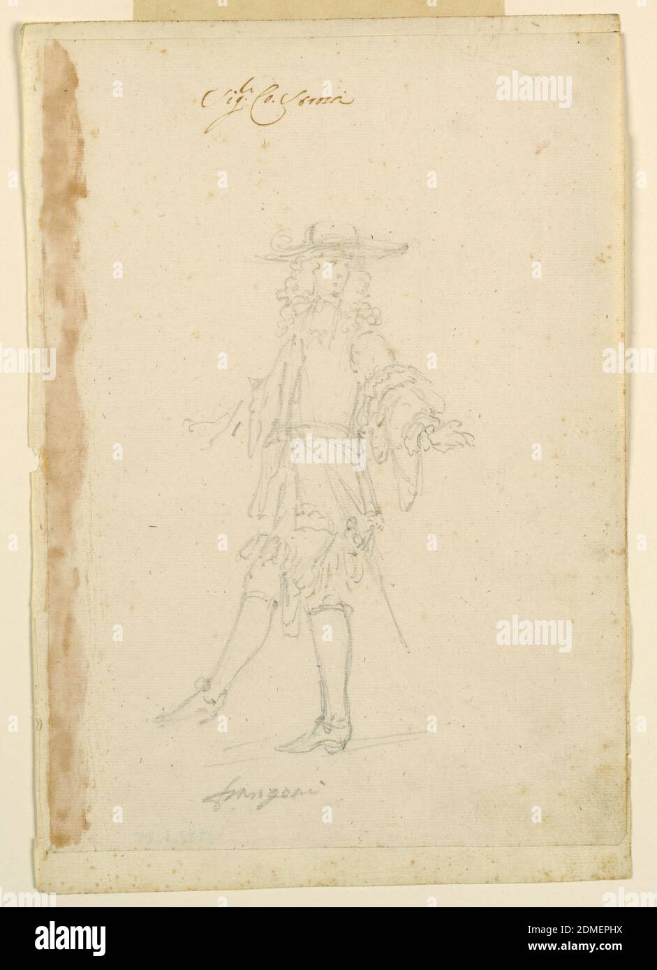 Création de costumes : un Français pour un Ballet, crayon de plomb sur papier, rectangle vertical. Un jeune homme, vêtu de peu, est montré dans une posture dansante, se déplaçant vers la gauche, sa tête tournée vers l'épaule gauche., Modène, Italie, ca. 1790, théâtre, dessin Banque D'Images