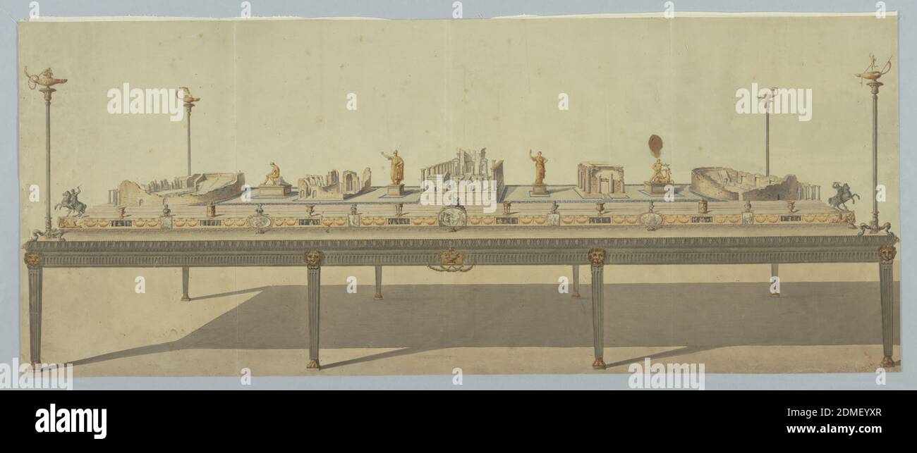 Surtout de Table (pièce maîtresse) avec le Temple d'Isis à Pompéi, stylo et encre, pinceau et aquarelle sur papier, dessin d'une surtout de table ou de deser (pièce maîtresse de table) dont le thème est les ruines de Pompéi. Les pattes de la table sont droites avec des flons et un masque doré pour le lion. Les côtés des tables sont décorés de rangées de moulures, le dessus étant des oeufs et des fléchettes. À chaque coin se trouve une lampe à huile haute dans le style ancien. Le centre de la table est étagé. Les côtés sont décorés de comprimés de figural et de chicots. Chaque tablette est surmontée d'une urne miniature, d'un buste ou d'une sculpture. Banque D'Images Surtout de Table (pièce maîtresse) avec le Temple d'Isis à Pompéi, stylo et encre, pinceau et aquarelle sur papier, dessin d'une surtout de table ou de deser (pièce maîtresse de table) dont le thème est les ruines de Pompéi. Les pattes de la table sont droites avec des flons et un masque doré pour le lion. Les côtés des tables sont décorés de rangées de moulures, le dessus étant des oeufs et des fléchettes. À chaque coin se trouve une lampe à huile haute dans le style ancien. Le centre de la table est étagé. Les côtés sont décorés de comprimés de figural et de chicots. Chaque tablette est surmontée d'une urne miniature, d'un buste ou d'une sculpture. Banque D'Images